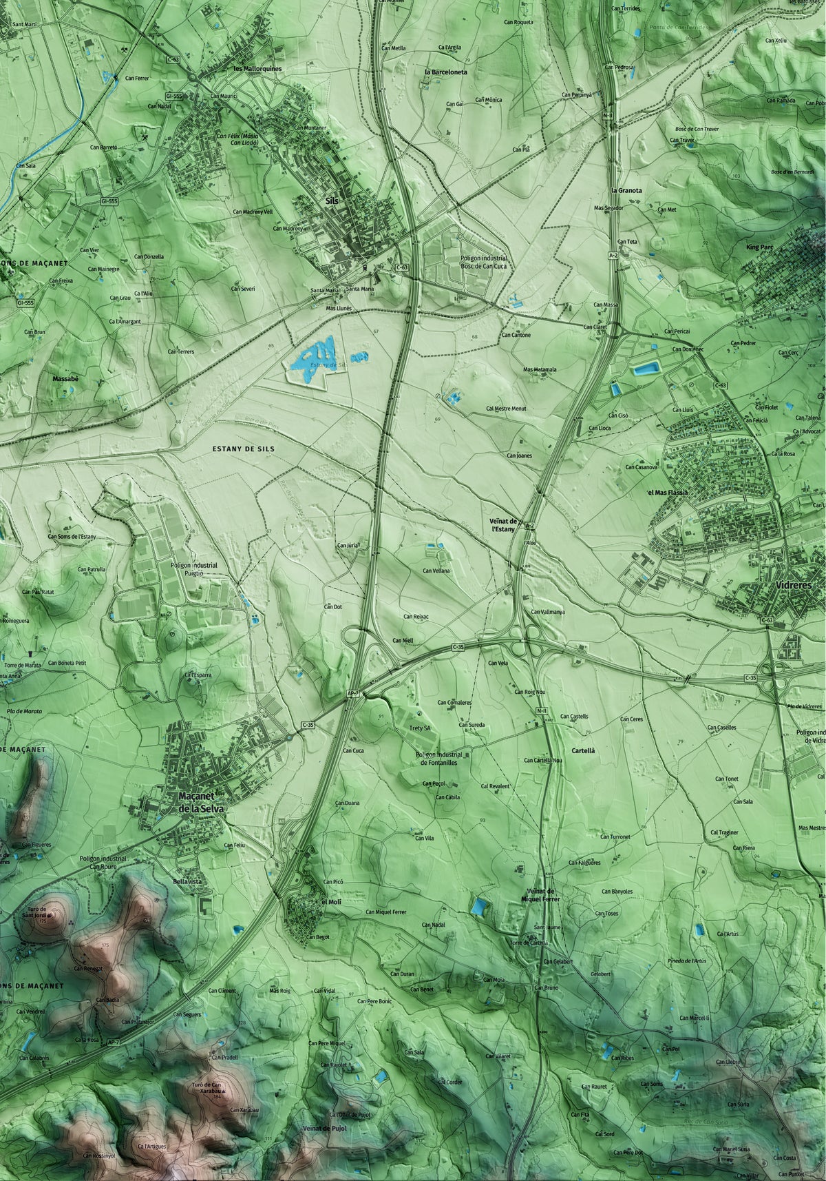 Mapa artístico del relieve de Riudarenes, a la Selva, con 15 km de entorno y base topográfica ICGC. Detalle de la zona inferior derecha.