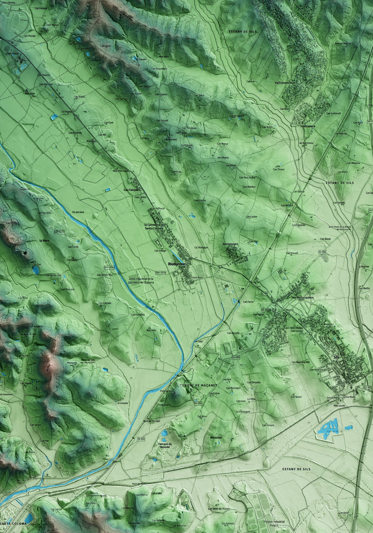 Mapa artístico del relieve de Riudarenes, a la Selva, con 15 km de entorno y base topográfica ICGC. Detalle de la zona central.