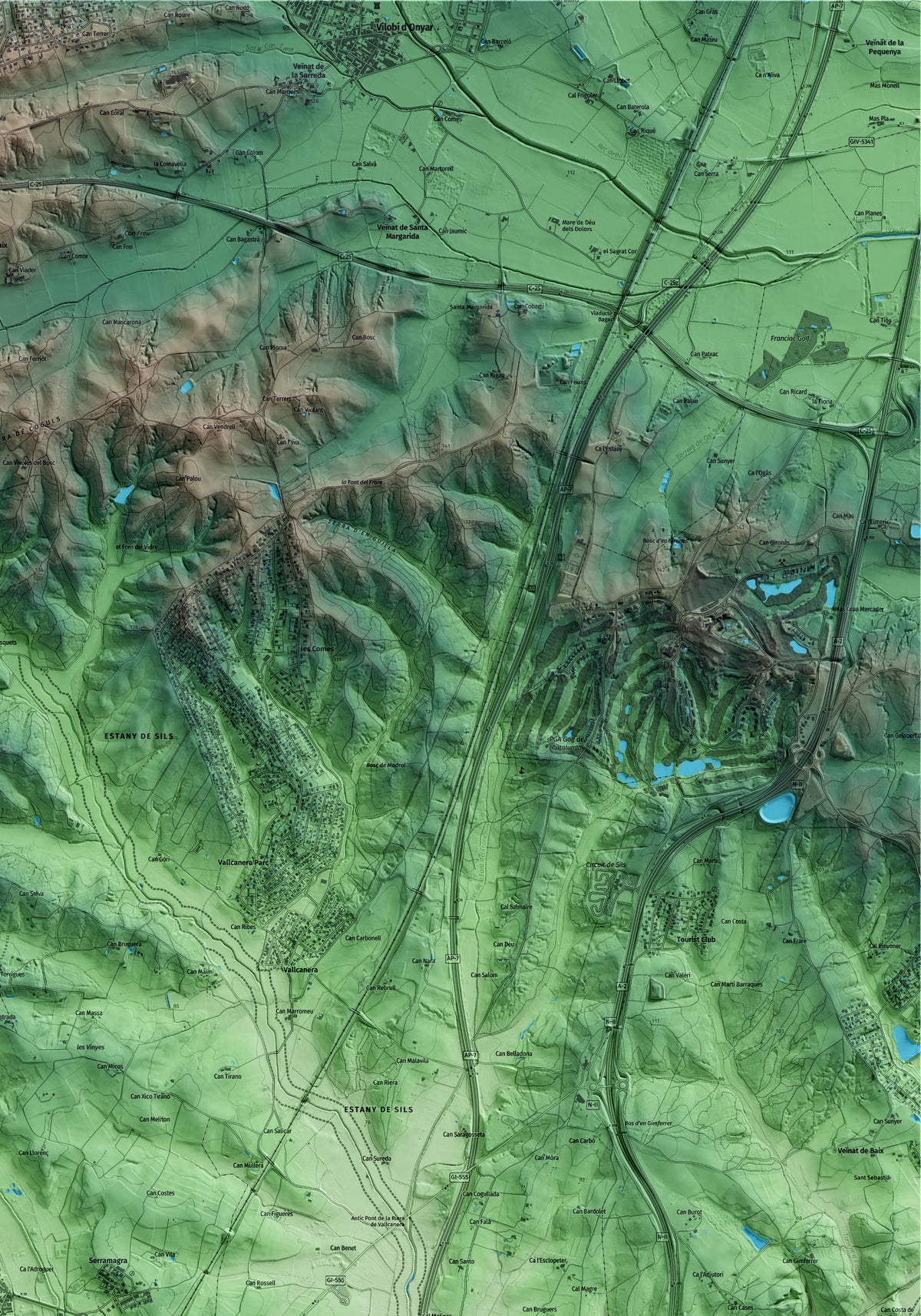 Mapa artístico del relieve de Riudarenes, a la Selva, con 15 km de entorno y base topográfica ICGC. Detalle de la zona superior derecha.