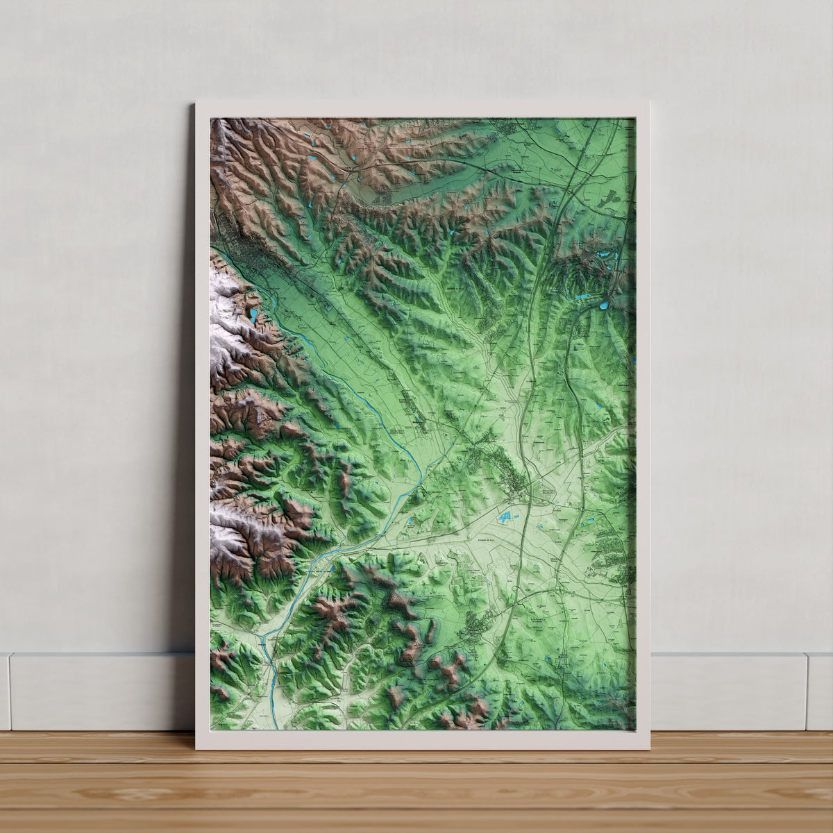 Mapa artístico del relieve de Riudarenes, a la Selva, con 15 km de entorno y base topográfica ICGC. Presentación enmarcada.