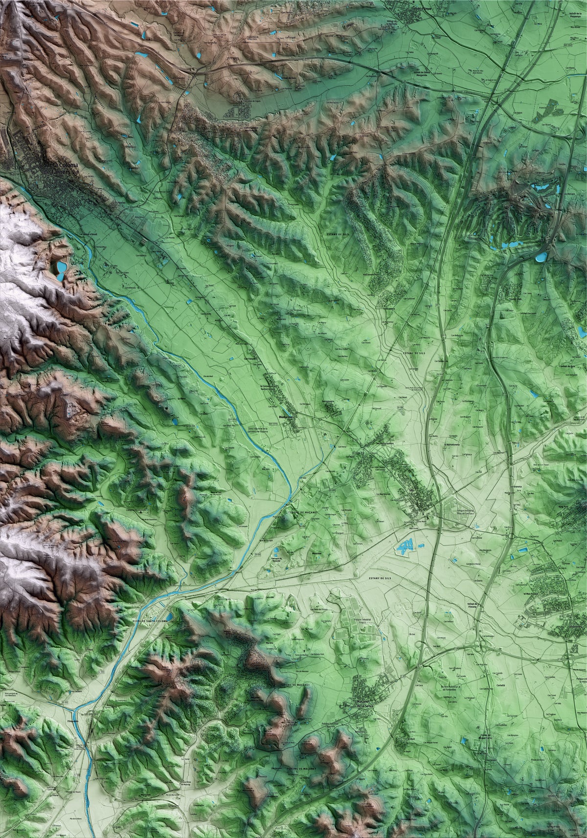Mapa artístico del relieve de Riudarenes, a la Selva, con 15 km de entorno y base topográfica ICGC