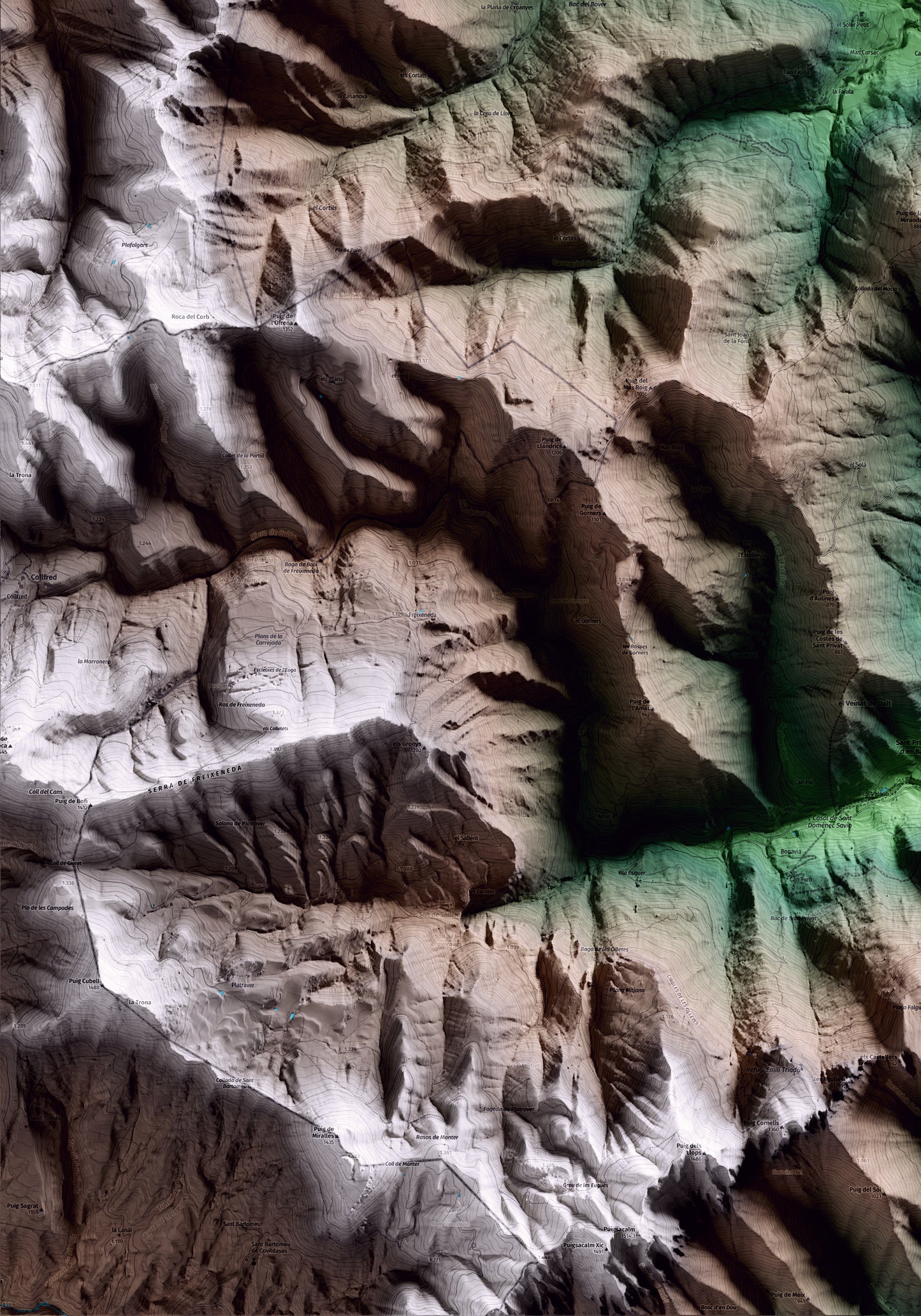 Mapa artístico del relieve de Riudaura, a la Garrotxa, con 15 km de entorno y base topográfica ICGC. Detalle de la zona inferior izquierda.