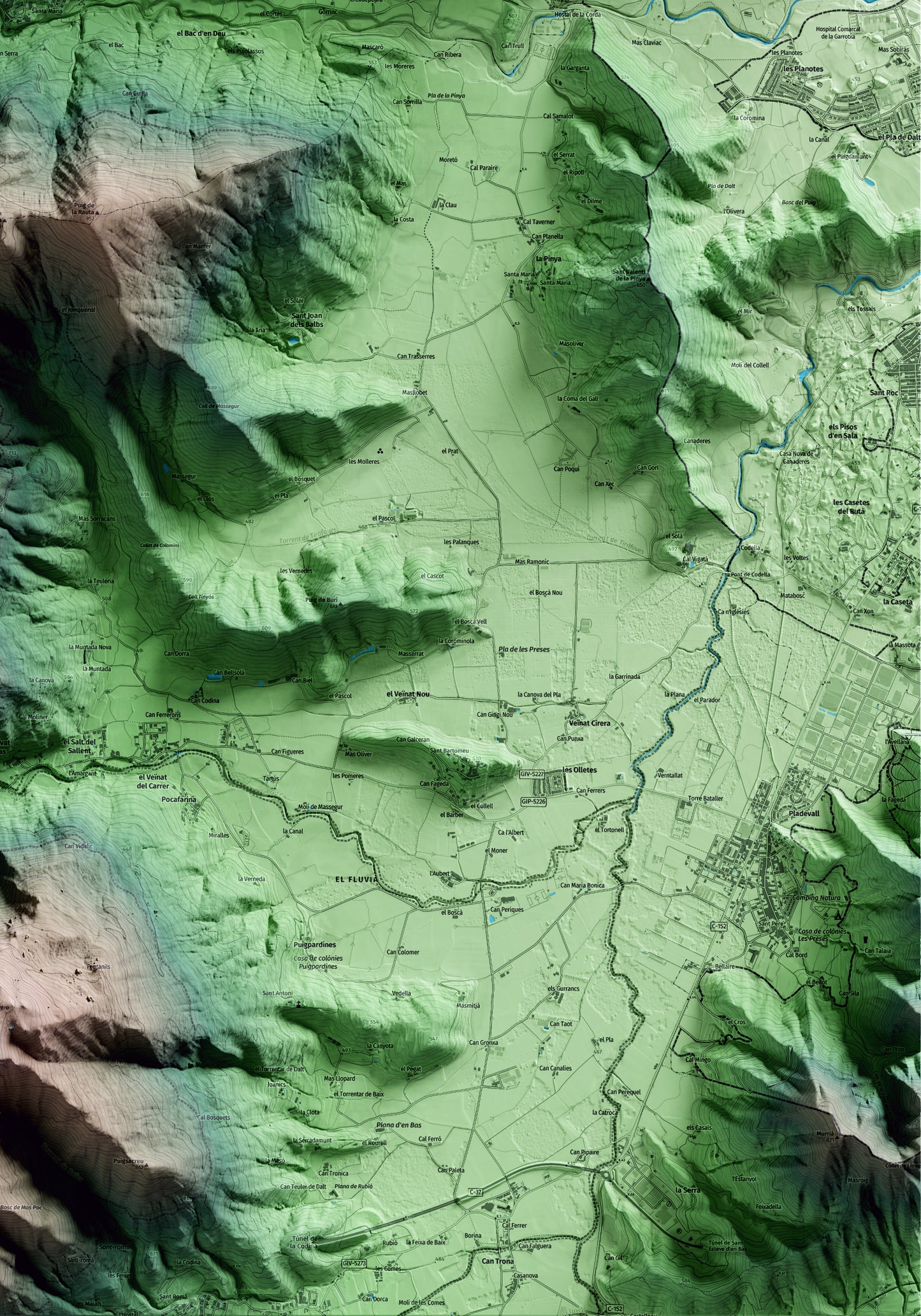 Mapa artístico del relieve de Riudaura, a la Garrotxa, con 15 km de entorno y base topográfica ICGC. Detalle de la zona inferior derecha.