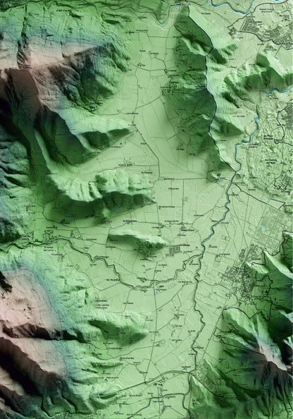 Mapa artístico del relieve de Riudaura, a la Garrotxa, con 15 km de entorno y base topográfica ICGC. Detalle de la zona inferior derecha.