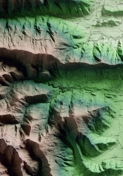 Mapa artístico del relieve de Riudaura, a la Garrotxa, con 15 km de entorno y base topográfica ICGC. Detalle de la zona central.