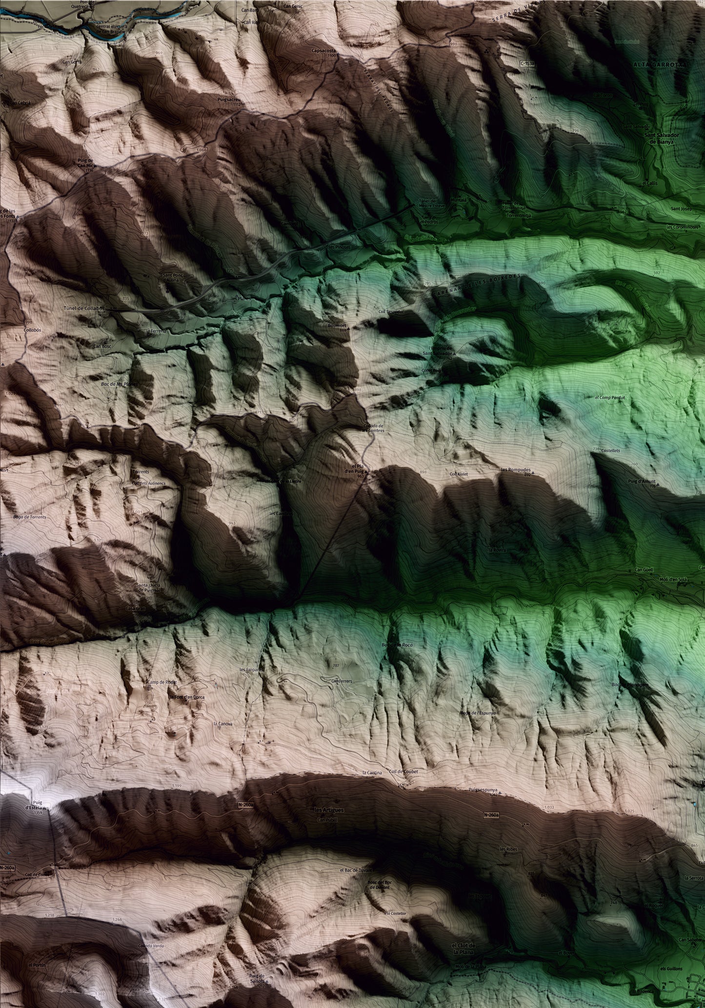 Mapa artístico del relieve de Riudaura, a la Garrotxa, con 15 km de entorno y base topográfica ICGC. Detalle de la zona superior izquierda.
