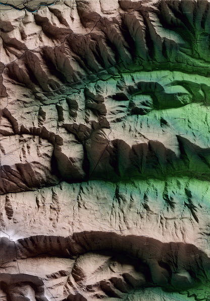 Mapa artístico del relieve de Riudaura, a la Garrotxa, con 15 km de entorno y base topográfica ICGC. Detalle de la zona superior izquierda.