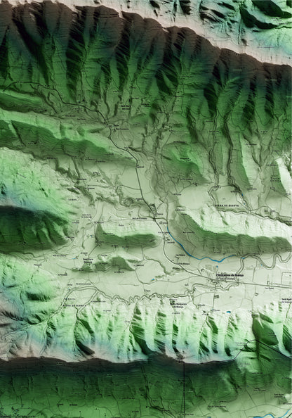 Mapa artístico del relieve de Riudaura, a la Garrotxa, con 15 km de entorno y base topográfica ICGC. Detalle de la zona superior derecha.