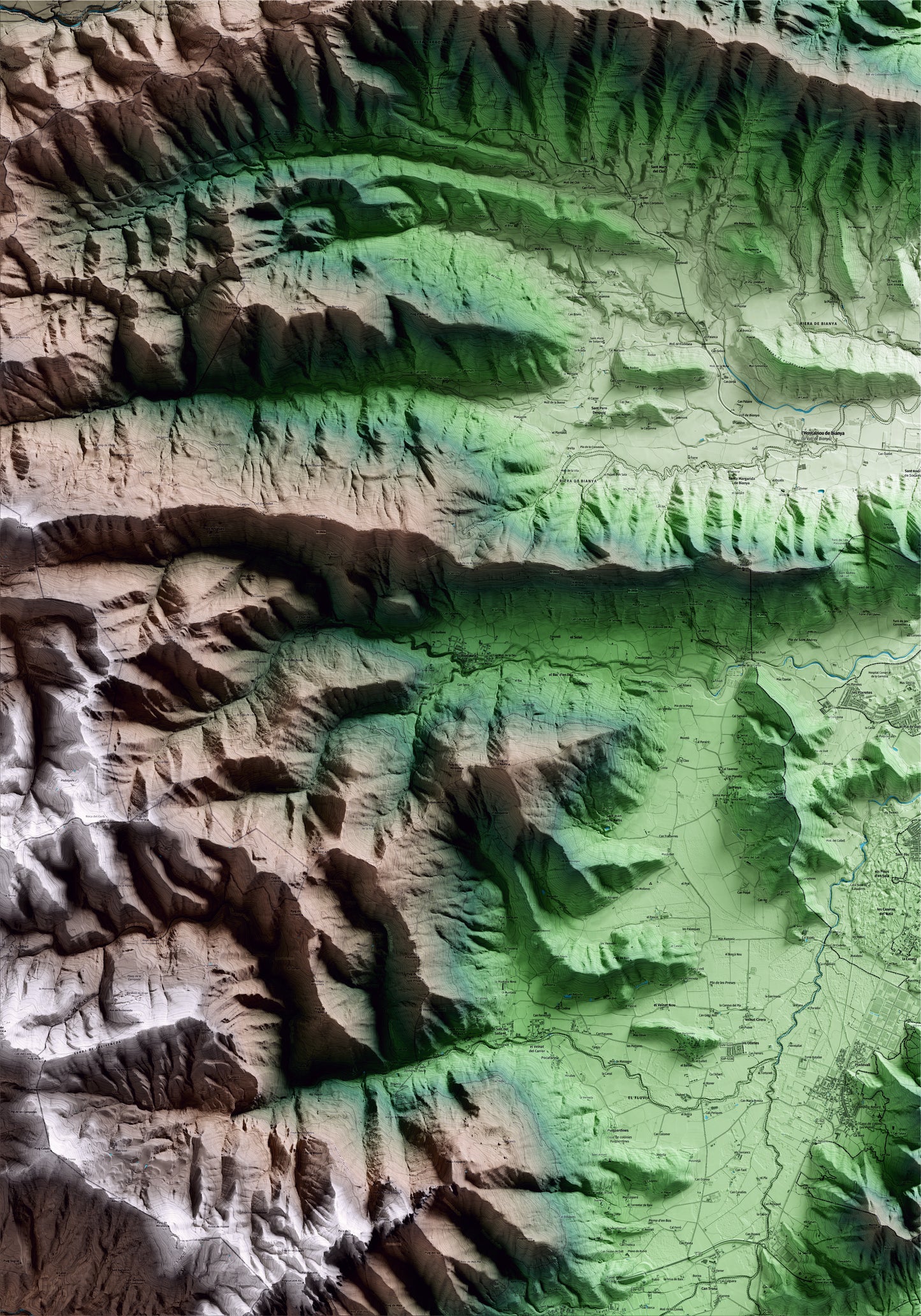 Mapa artístico del relieve de Riudaura, a la Garrotxa, con 15 km de entorno y base topográfica ICGC