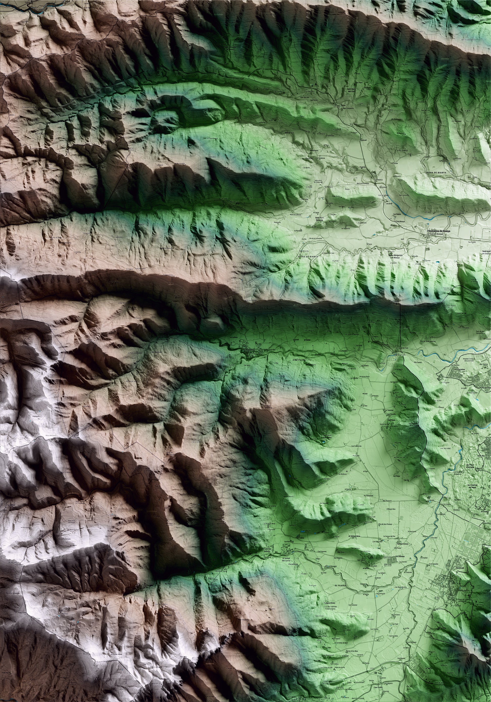 Mapa artístico del relieve de Riudaura, a la Garrotxa, con 15 km de entorno y base topográfica ICGC