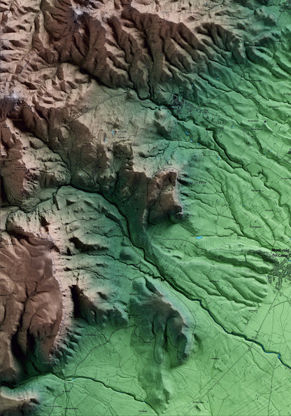 Mapa artístico del relieve de Riudecanyes, al Baix Camp, con 15 km de entorno y base topográfica ICGC. Detalle de la zona inferior izquierda.