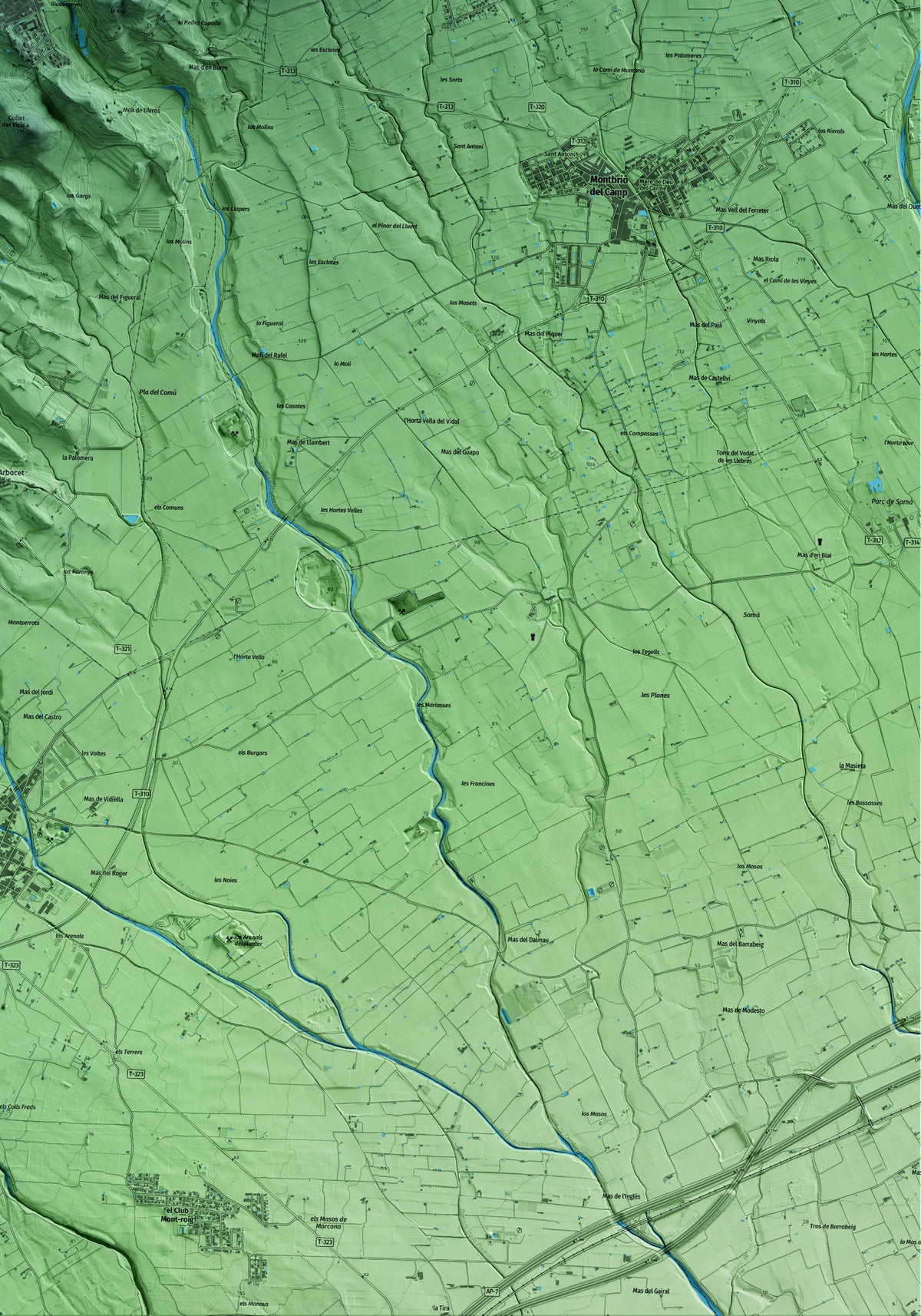 Mapa artístico del relieve de Riudecanyes, al Baix Camp, con 15 km de entorno y base topográfica ICGC. Detalle de la zona inferior derecha.