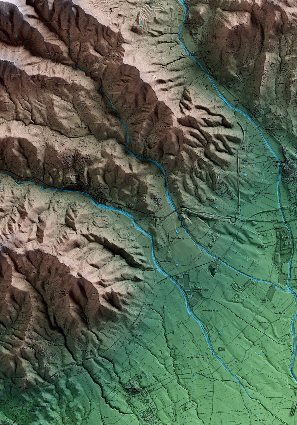 Mapa artístico del relieve de Riudecanyes, al Baix Camp, con 15 km de entorno y base topográfica ICGC. Detalle de la zona superior derecha.