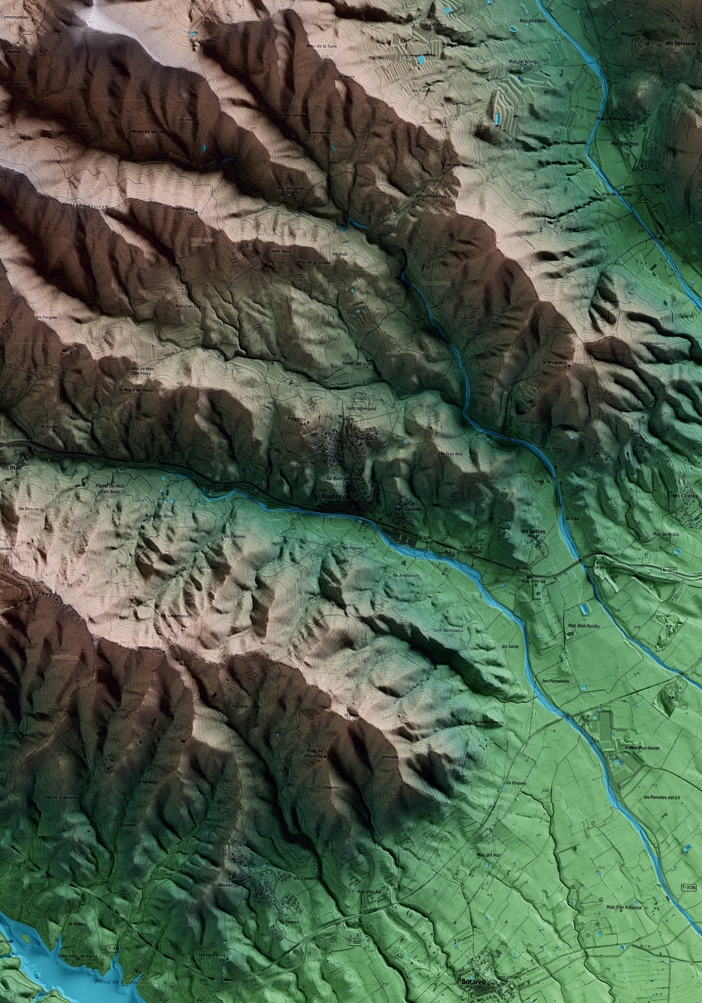 Mapa artístico del relieve de Riudecols, al Baix Camp, con 15 km de entorno y base topográfica ICGC. Detalle de la zona central.