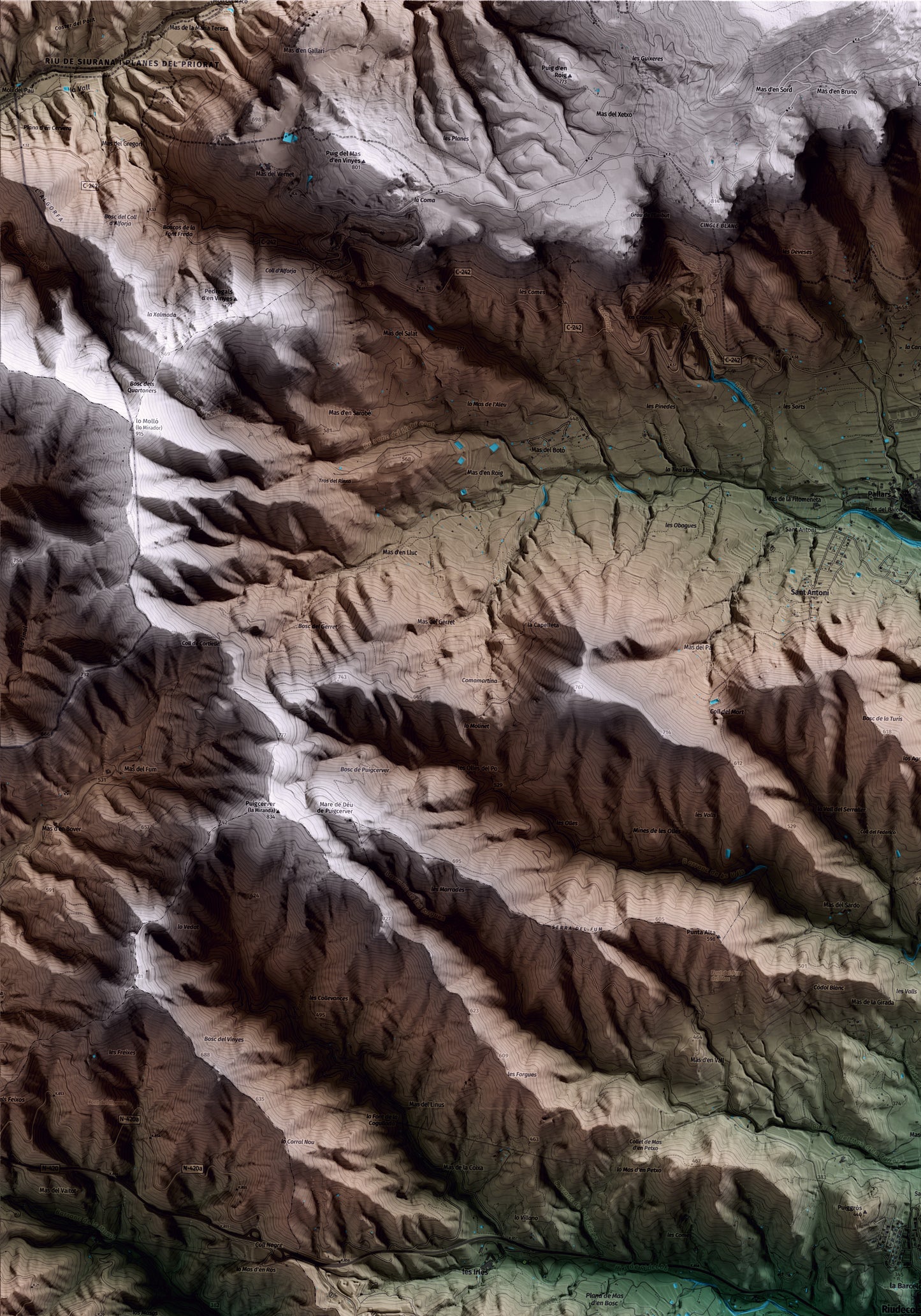 Mapa artístico del relieve de Riudecols, al Baix Camp, con 15 km de entorno y base topográfica ICGC. Detalle de la zona superior izquierda.