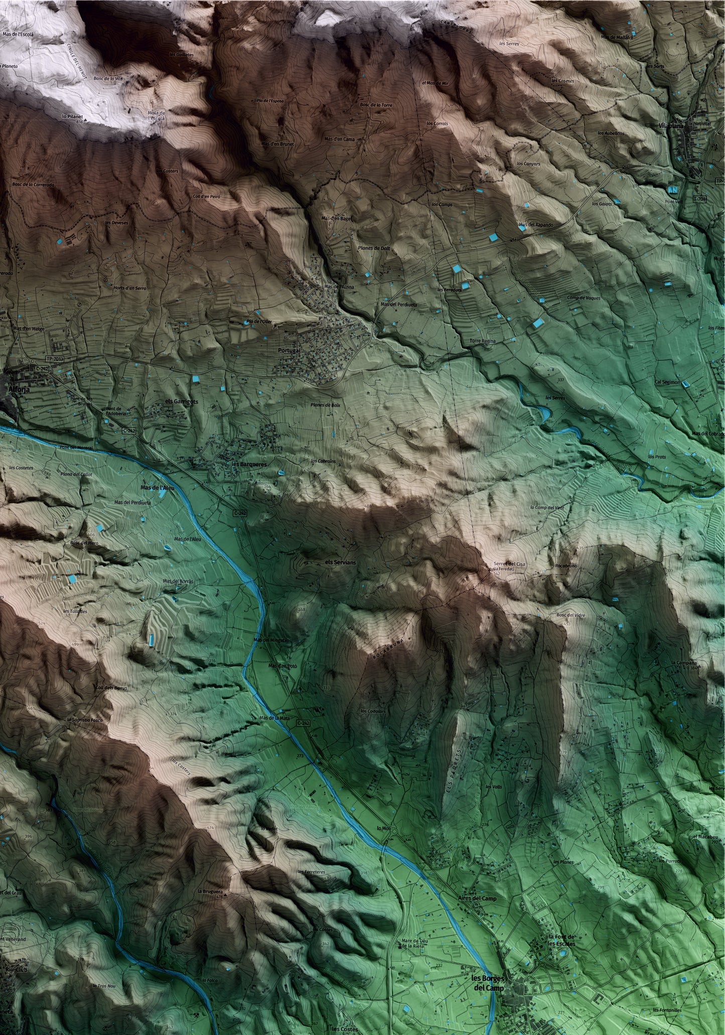 Mapa artístico del relieve de Riudecols, al Baix Camp, con 15 km de entorno y base topográfica ICGC. Detalle de la zona superior derecha.