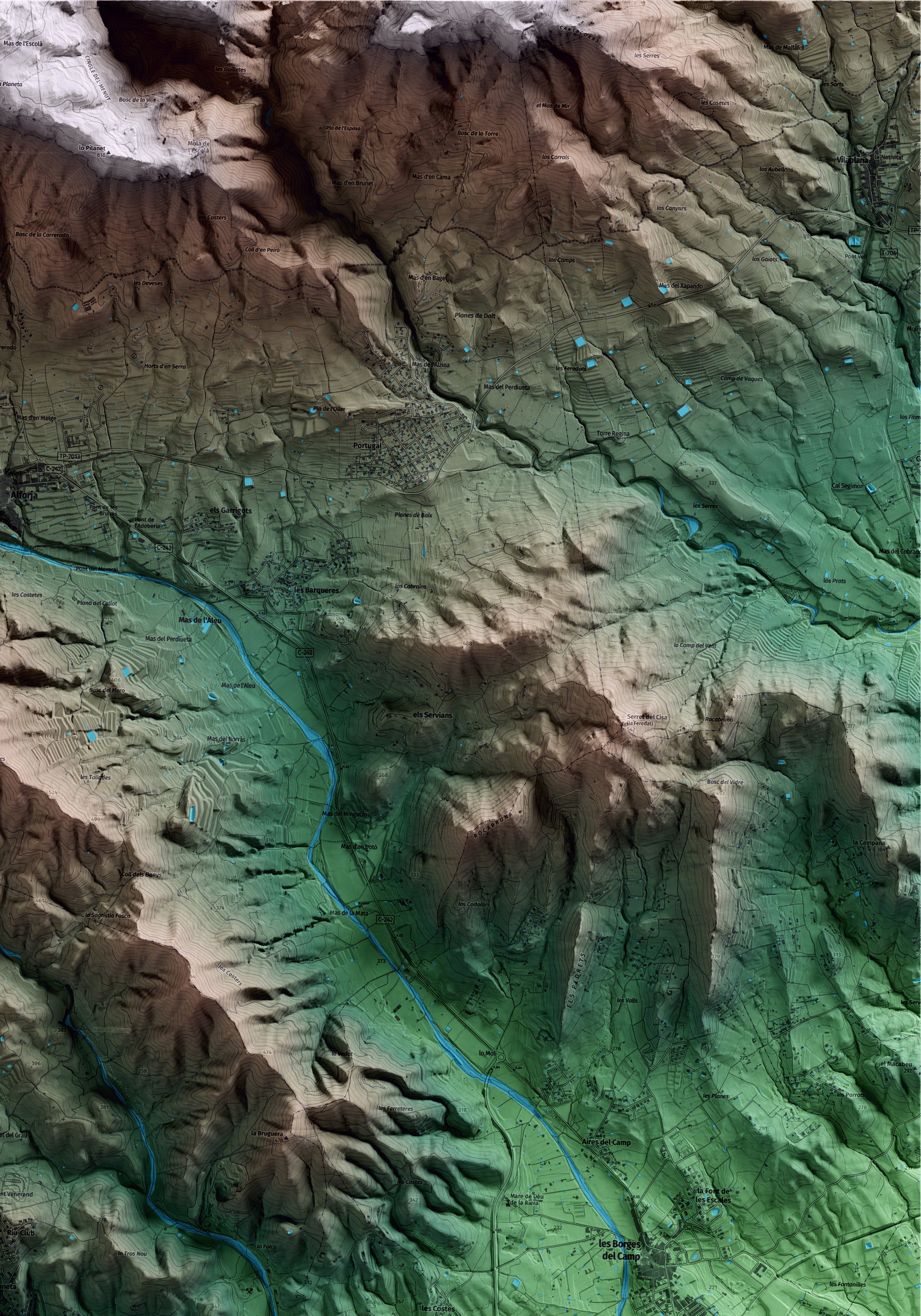 Mapa artístico del relieve de Riudecols, al Baix Camp, con 15 km de entorno y base topográfica ICGC. Detalle de la zona superior derecha.