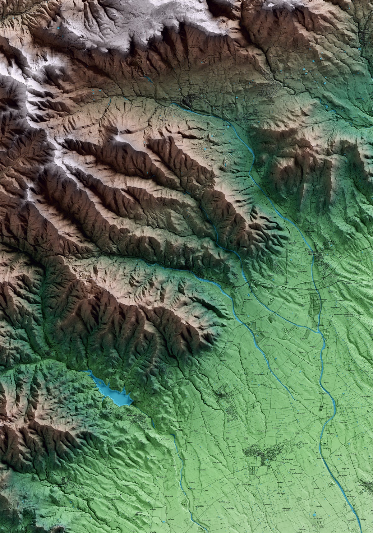 Mapa artístico del relieve de Riudecols, al Baix Camp, con 15 km de entorno y base topográfica ICGC