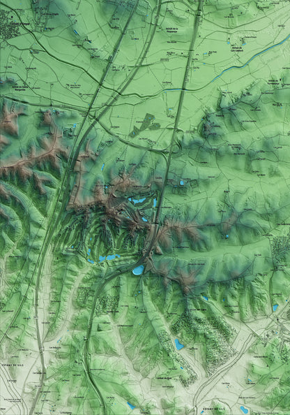 Mapa artístico del relieve de Riudellots de la Selva, a la Selva, con 15 km de entorno y base topográfica ICGC. Detalle de la zona inferior izquierda.