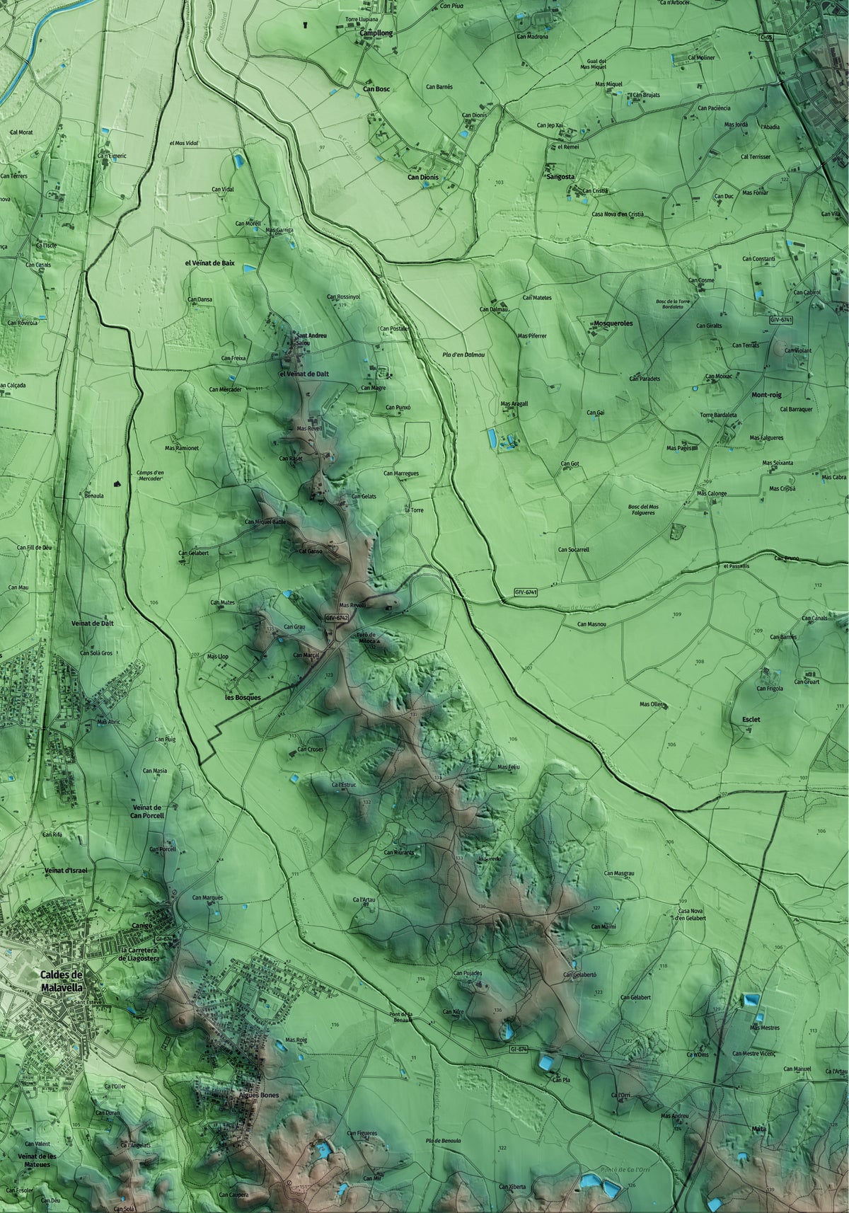 Mapa artístico del relieve de Riudellots de la Selva, a la Selva, con 15 km de entorno y base topográfica ICGC. Detalle de la zona inferior derecha.