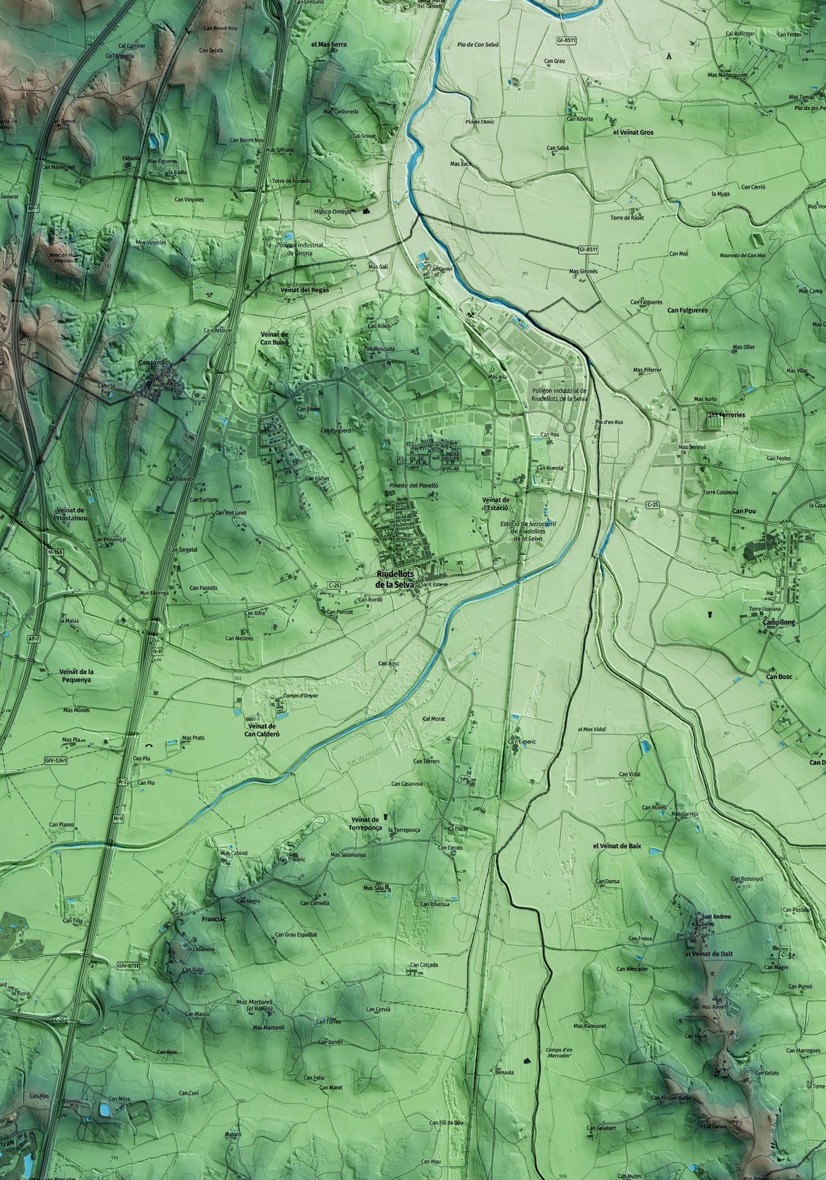 Mapa artístico del relieve de Riudellots de la Selva, a la Selva, con 15 km de entorno y base topográfica ICGC. Detalle de la zona central.