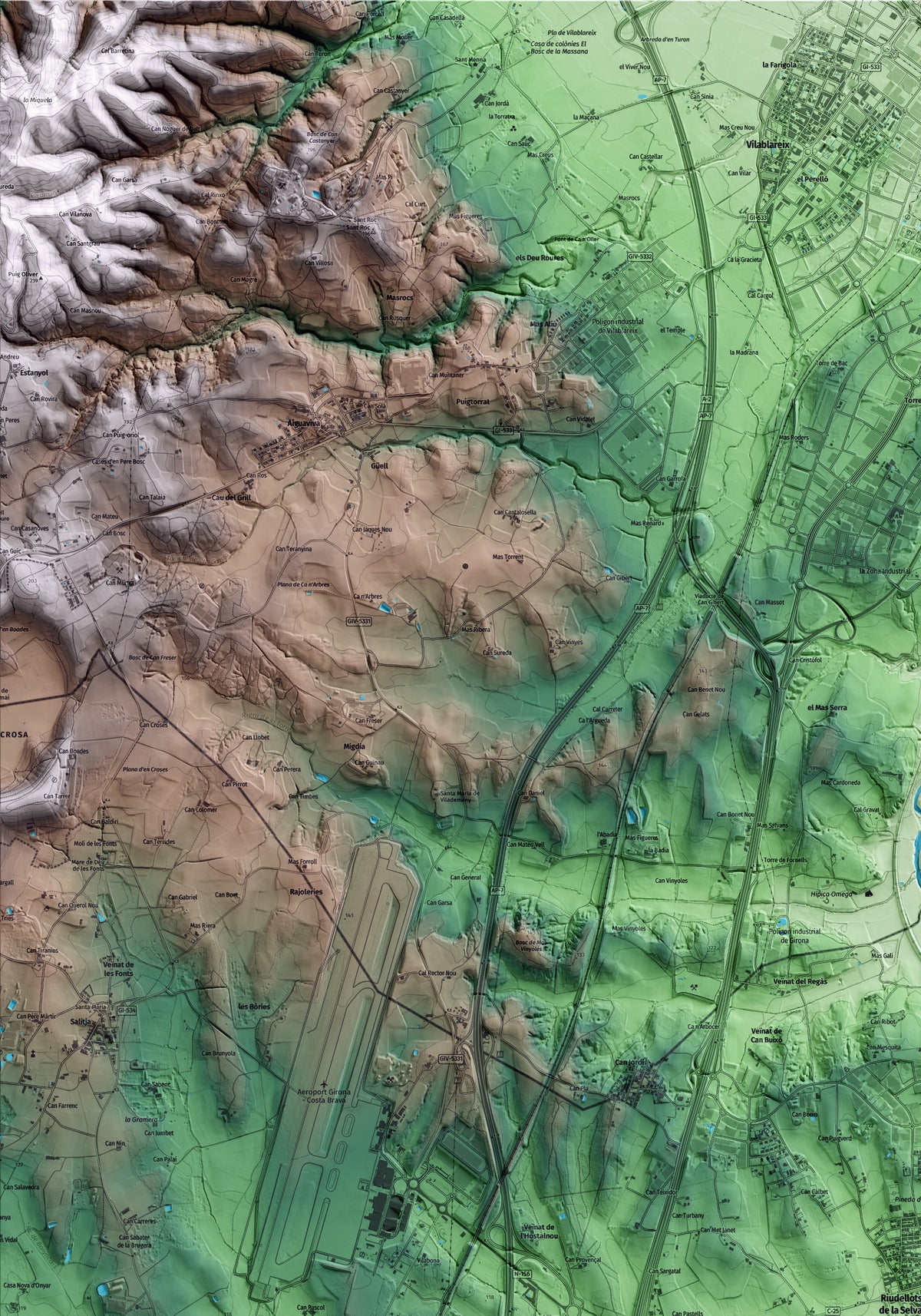 Mapa artístico del relieve de Riudellots de la Selva, a la Selva, con 15 km de entorno y base topográfica ICGC. Detalle de la zona superior izquierda.