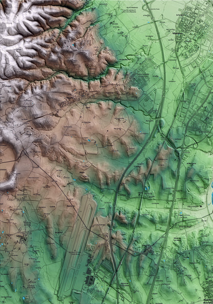Mapa artístico del relieve de Riudellots de la Selva, a la Selva, con 15 km de entorno y base topográfica ICGC. Detalle de la zona superior izquierda.