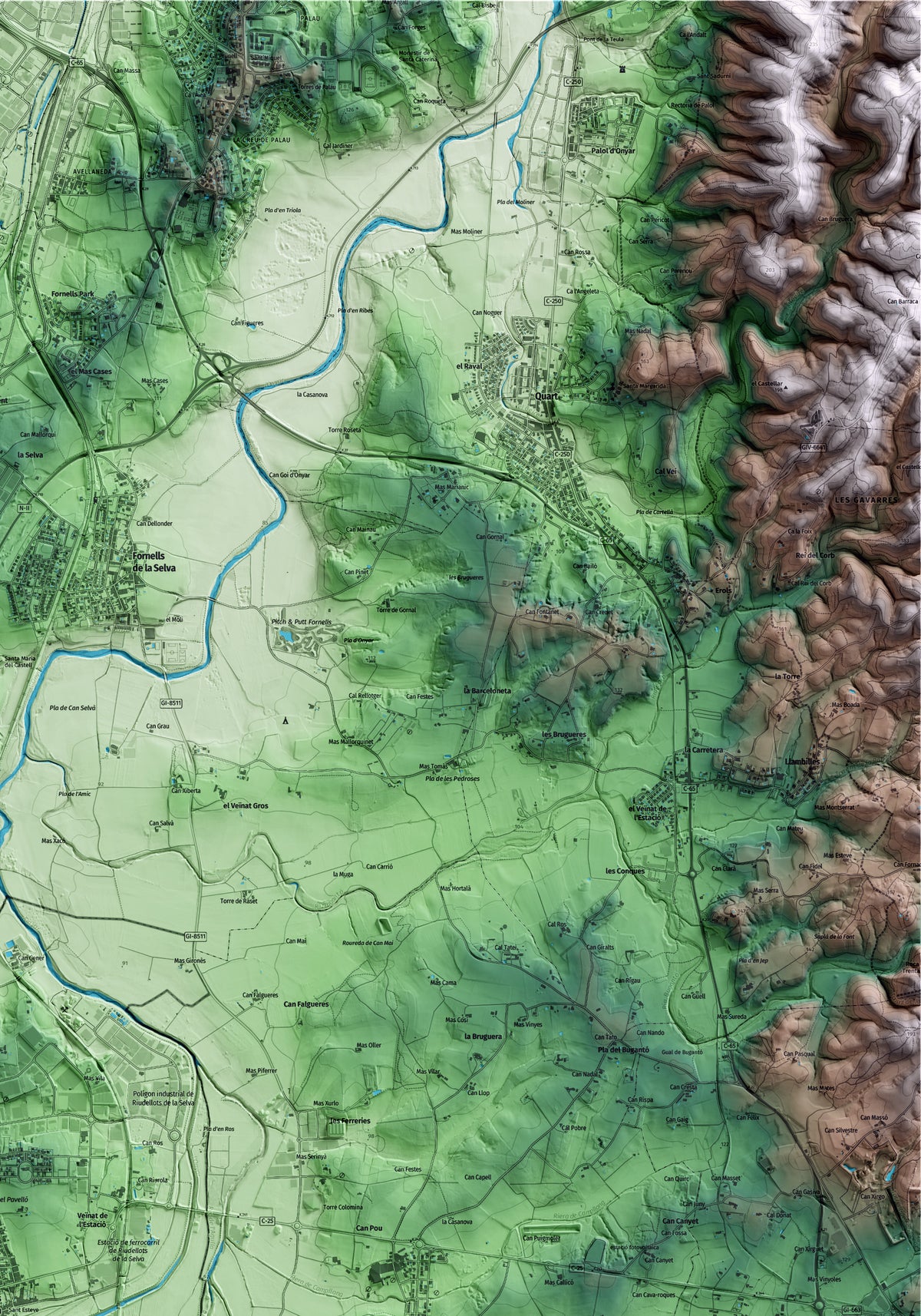 Mapa artístico del relieve de Riudellots de la Selva, a la Selva, con 15 km de entorno y base topográfica ICGC. Detalle de la zona superior derecha.