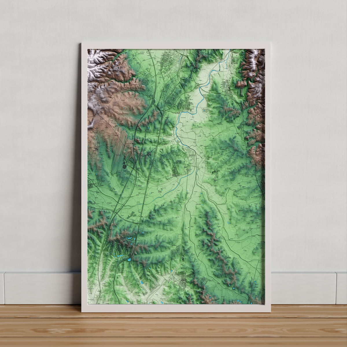 Mapa artístico del relieve de Riudellots de la Selva, a la Selva, con 15 km de entorno y base topográfica ICGC. Presentación enmarcada.