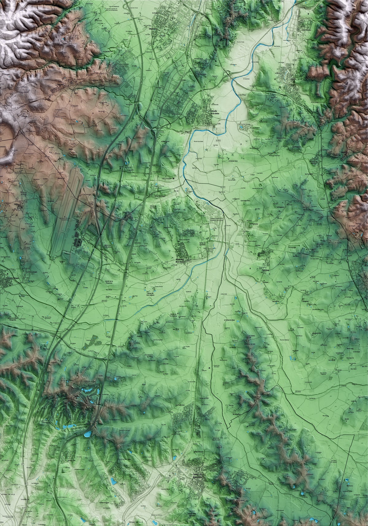 Mapa artístico del relieve de Riudellots de la Selva, a la Selva, con 15 km de entorno y base topográfica ICGC