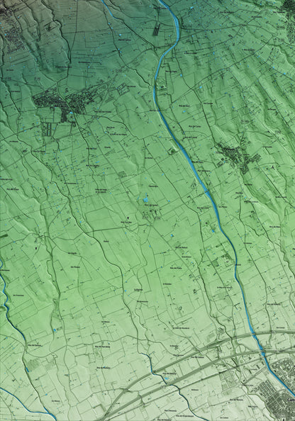Mapa artístico del relieve de Riudoms, al Baix Camp, con 15 km de entorno y base topográfica ICGC. Detalle de la zona inferior izquierda.