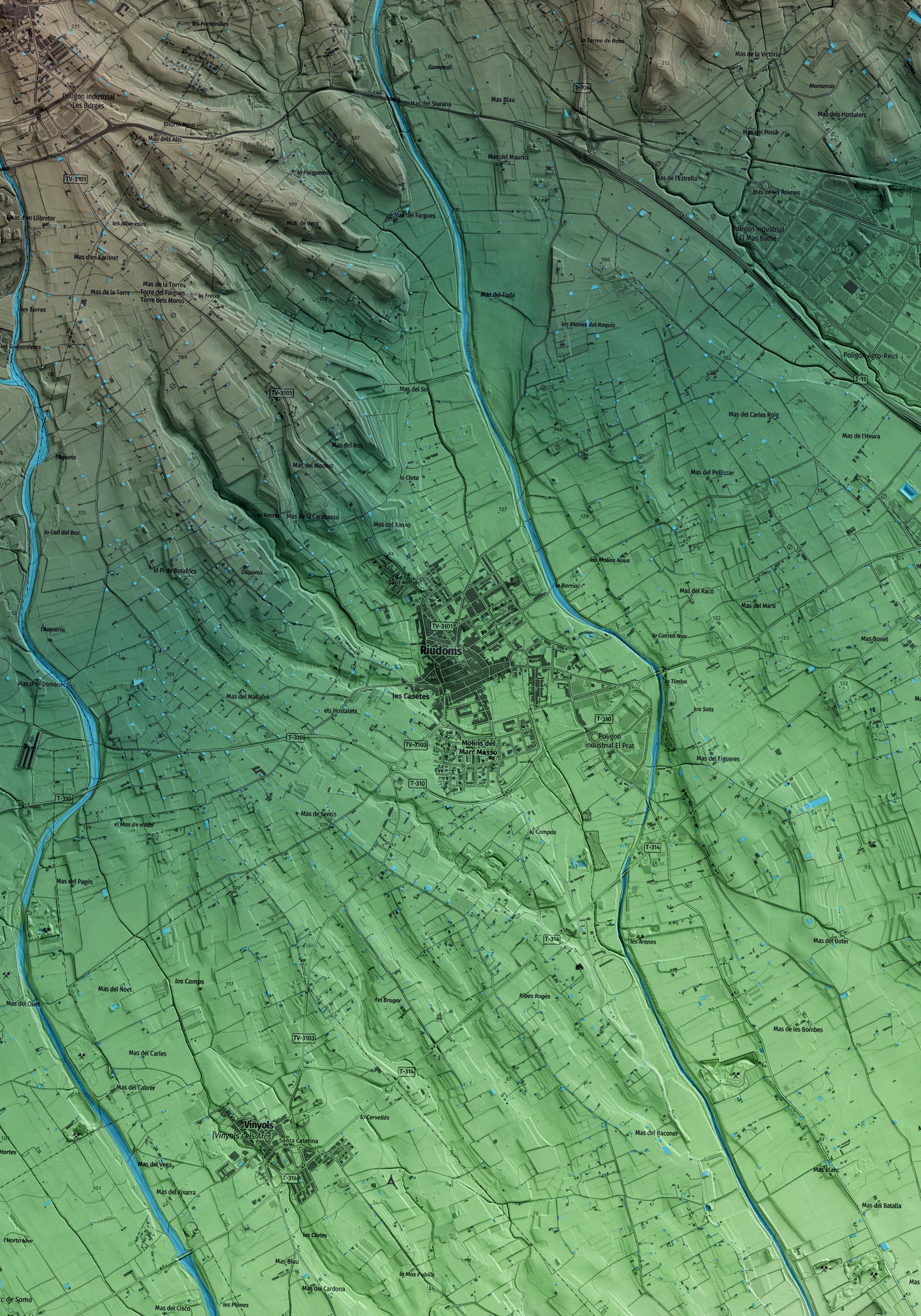 Mapa artístico del relieve de Riudoms, al Baix Camp, con 15 km de entorno y base topográfica ICGC. Detalle de la zona central.