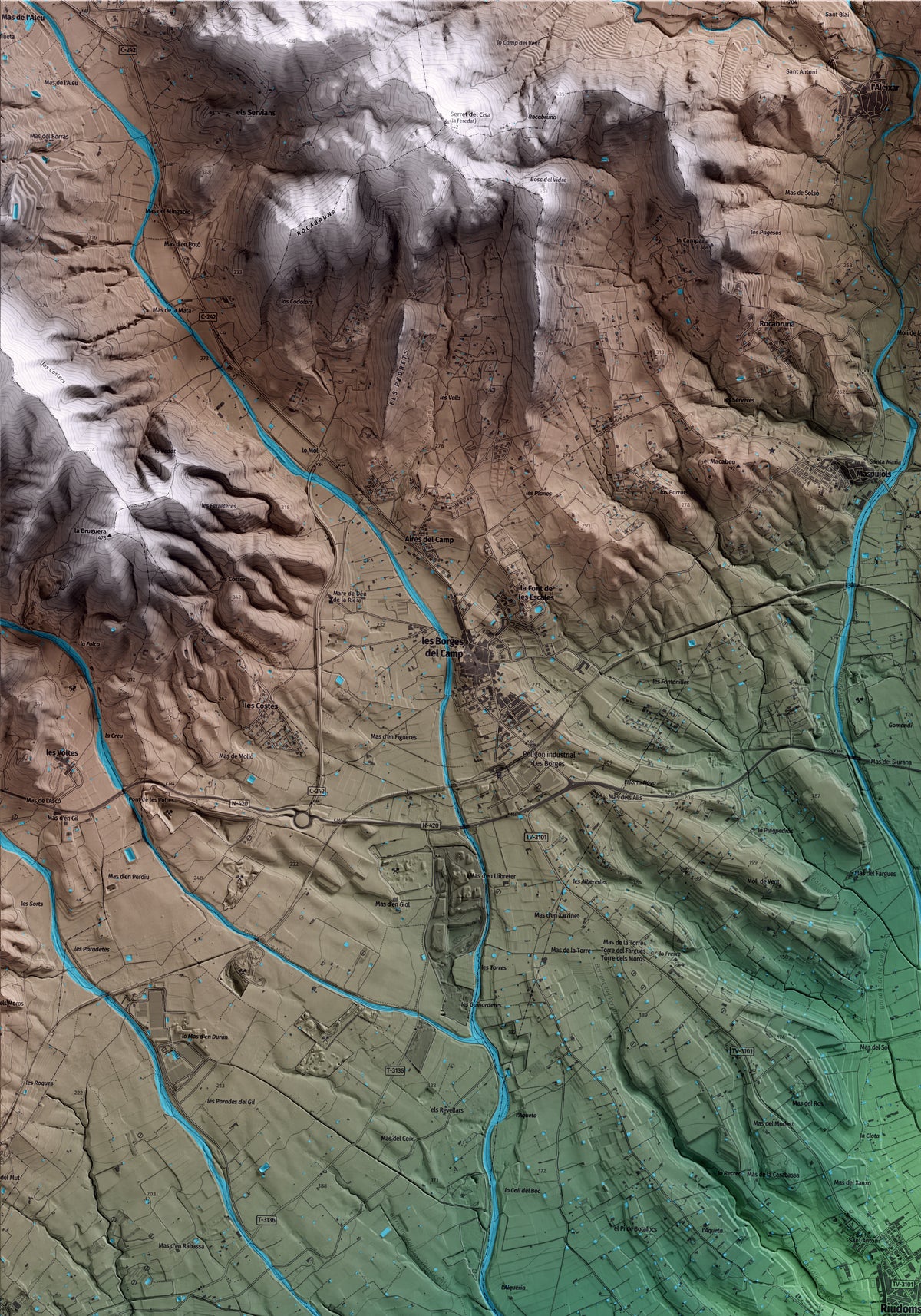 Mapa artístico del relieve de Riudoms, al Baix Camp, con 15 km de entorno y base topográfica ICGC. Detalle de la zona superior izquierda.
