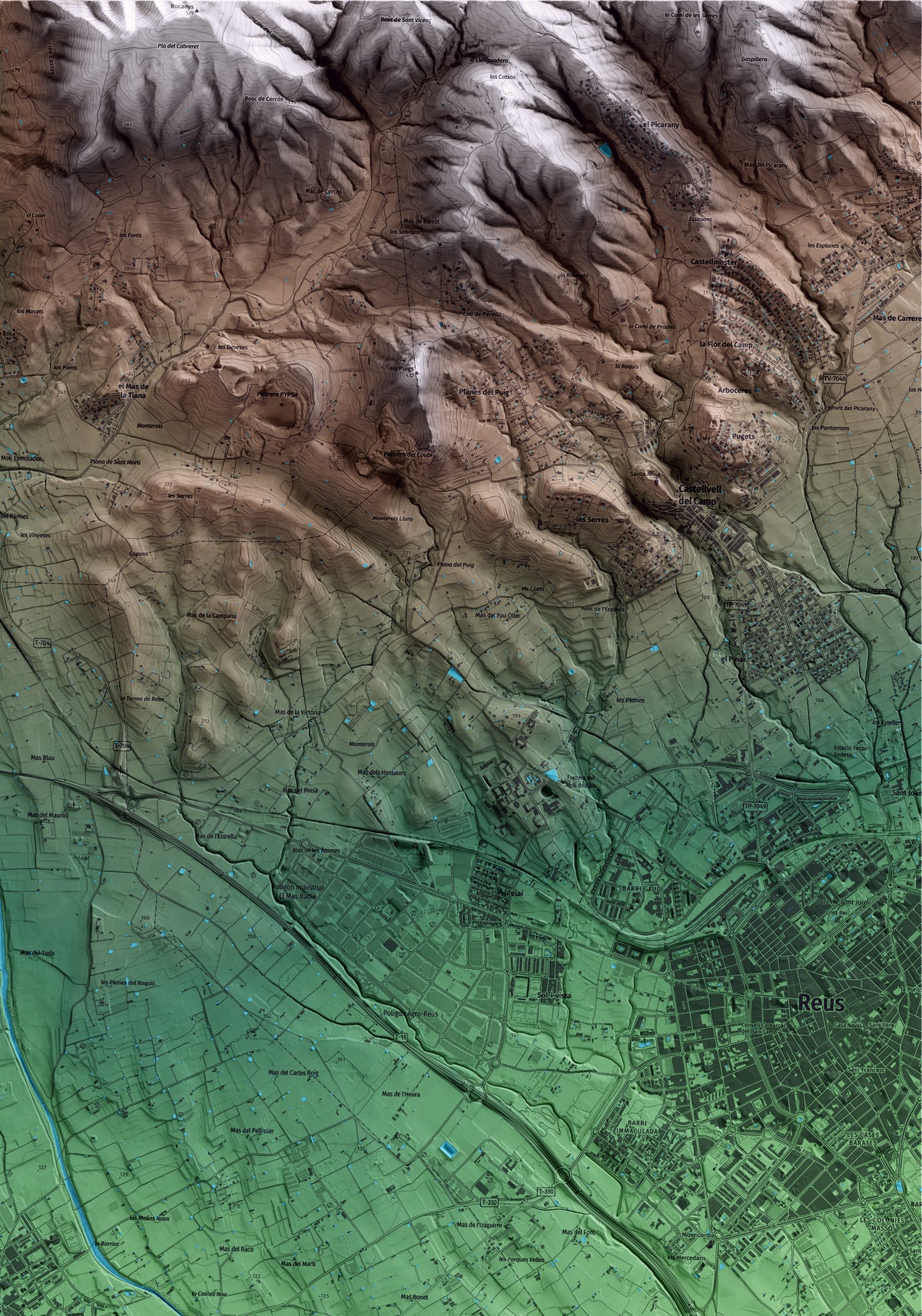 Mapa artístico del relieve de Riudoms, al Baix Camp, con 15 km de entorno y base topográfica ICGC. Detalle de la zona superior derecha.