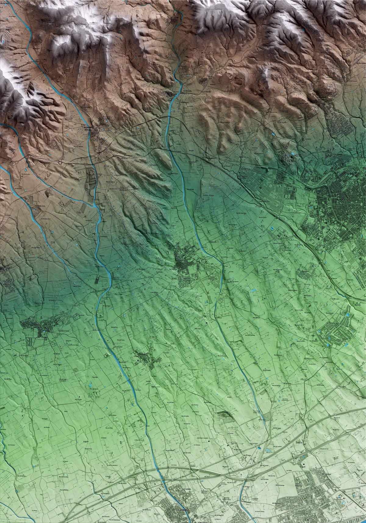 Mapa artístico del relieve de Riudoms, al Baix Camp, con 15 km de entorno y base topográfica ICGC