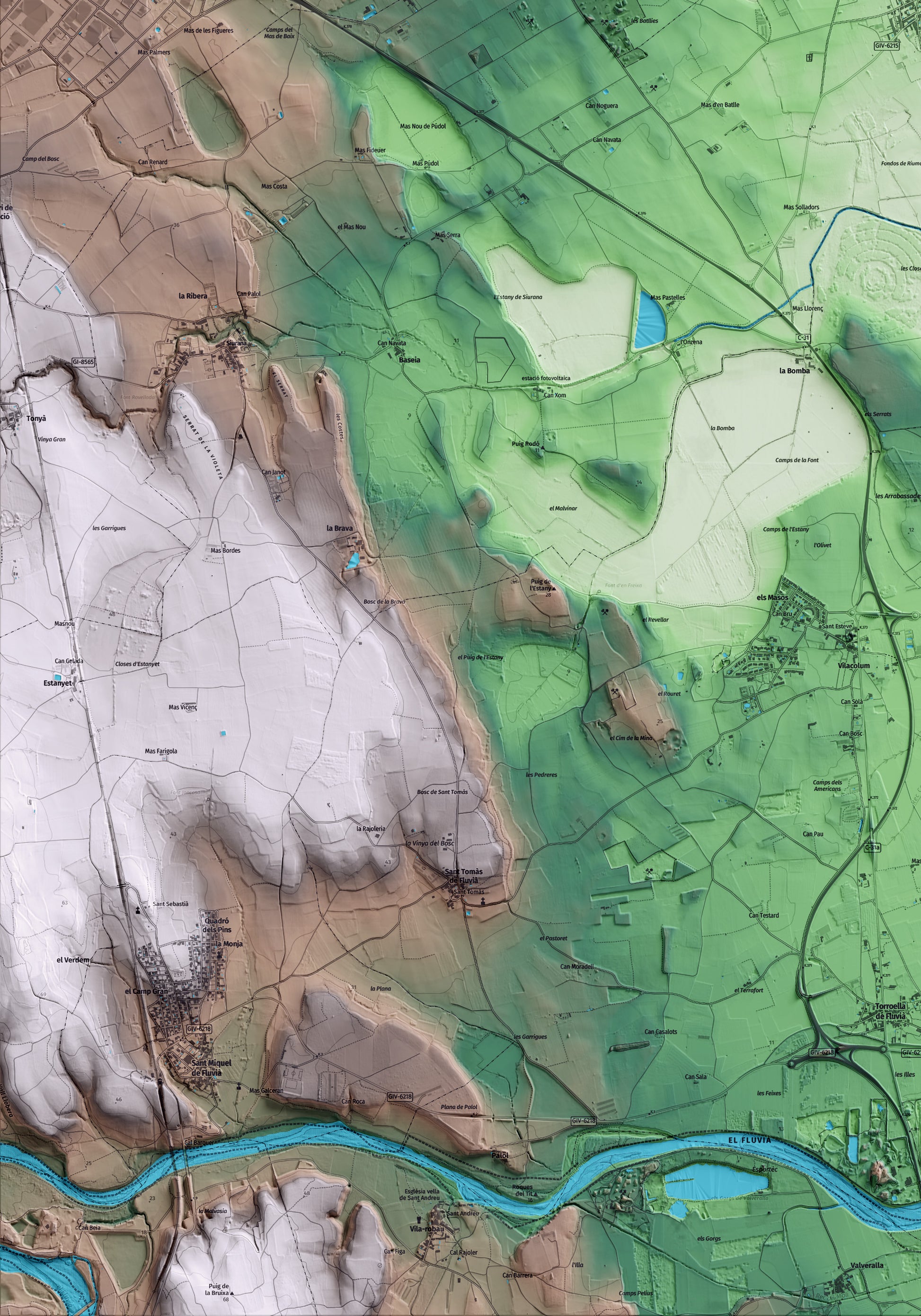 Mapa artístico del relieve de Riumors, al Alt Empordà, con 15 km de entorno y base topográfica ICGC. Detalle de la zona inferior izquierda.