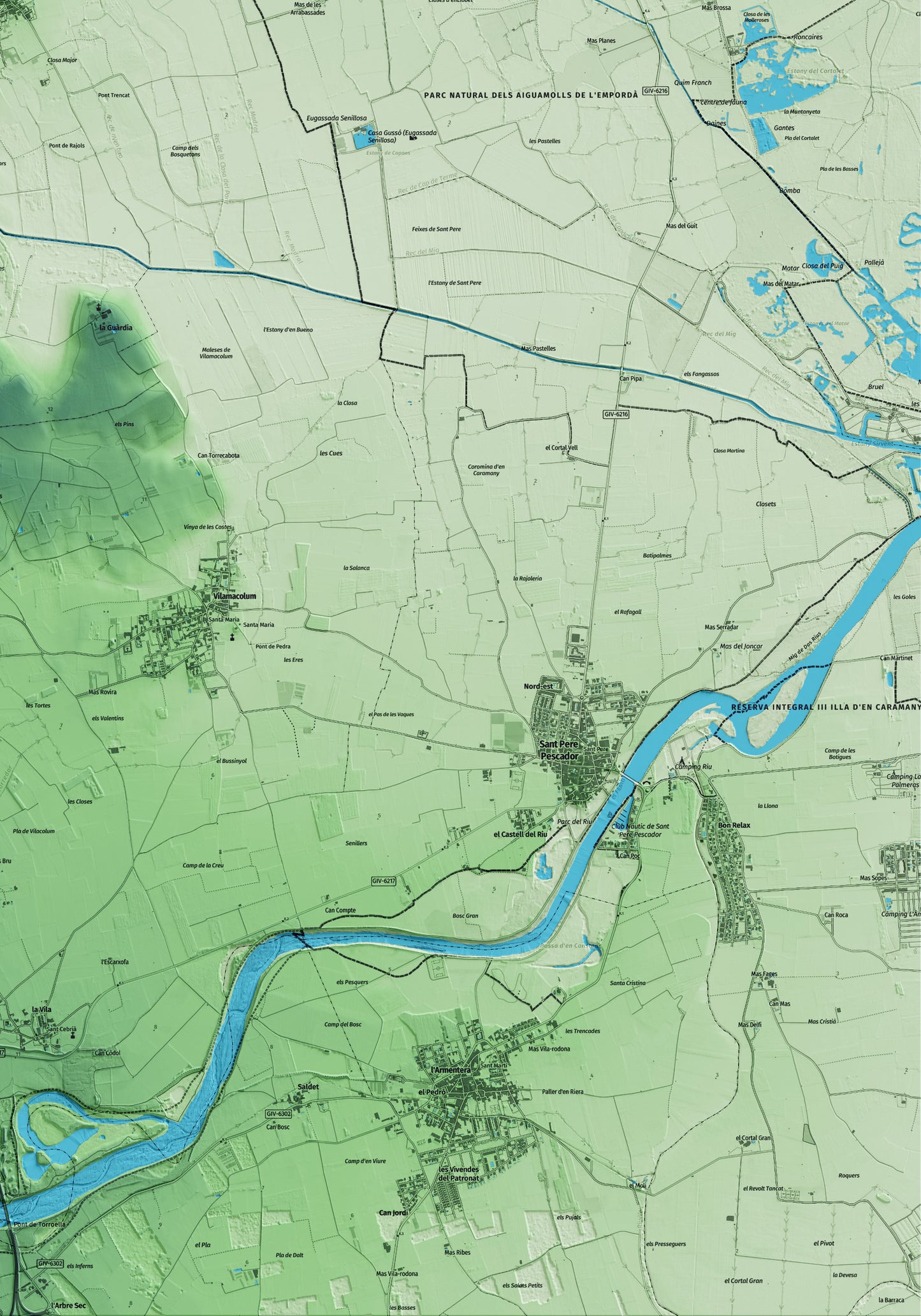 Mapa artístico del relieve de Riumors, al Alt Empordà, con 15 km de entorno y base topográfica ICGC. Detalle de la zona inferior derecha.