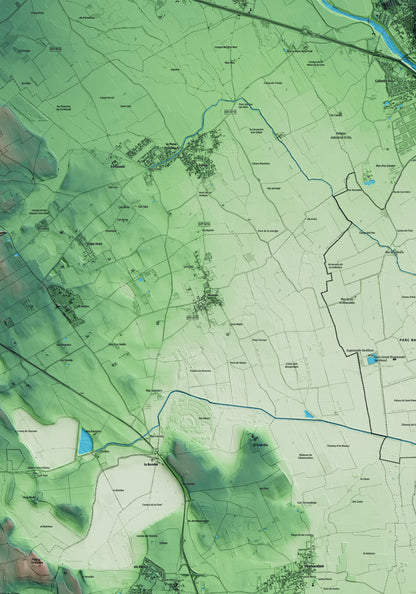 Mapa artístico del relieve de Riumors, al Alt Empordà, con 15 km de entorno y base topográfica ICGC. Detalle de la zona central.