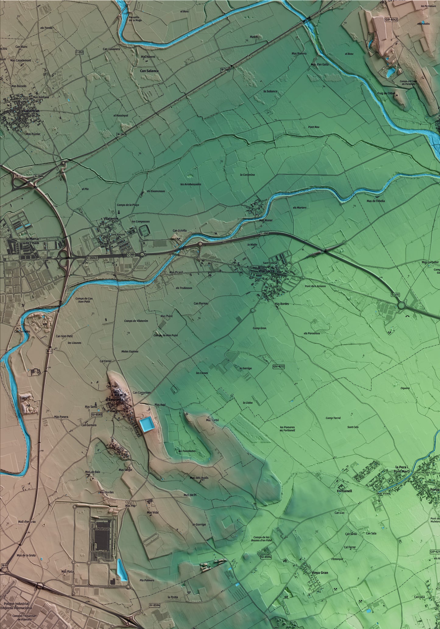 Mapa artístico del relieve de Riumors, al Alt Empordà, con 15 km de entorno y base topográfica ICGC. Detalle de la zona superior izquierda.