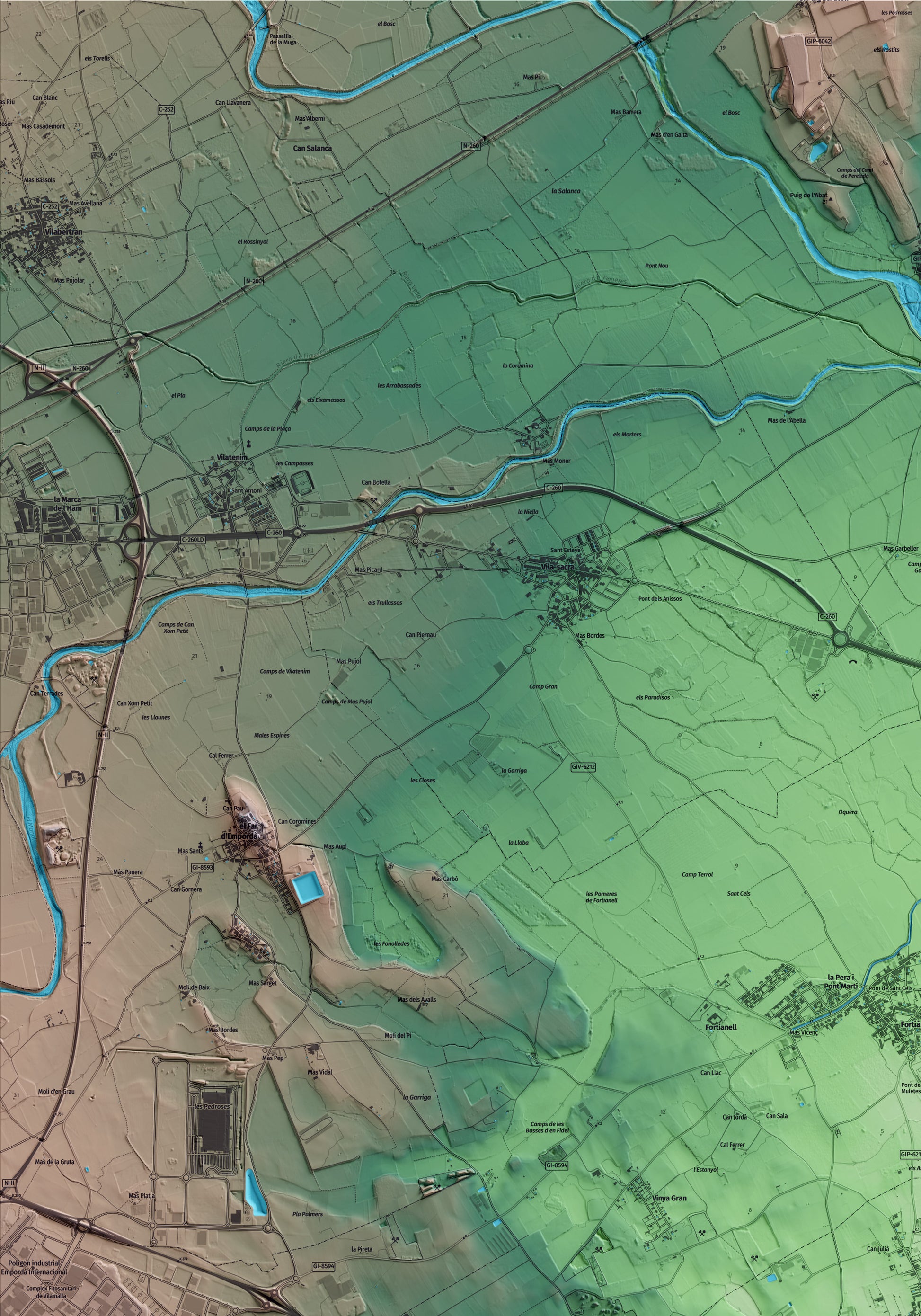 Mapa artístico del relieve de Riumors, al Alt Empordà, con 15 km de entorno y base topográfica ICGC. Detalle de la zona superior izquierda.