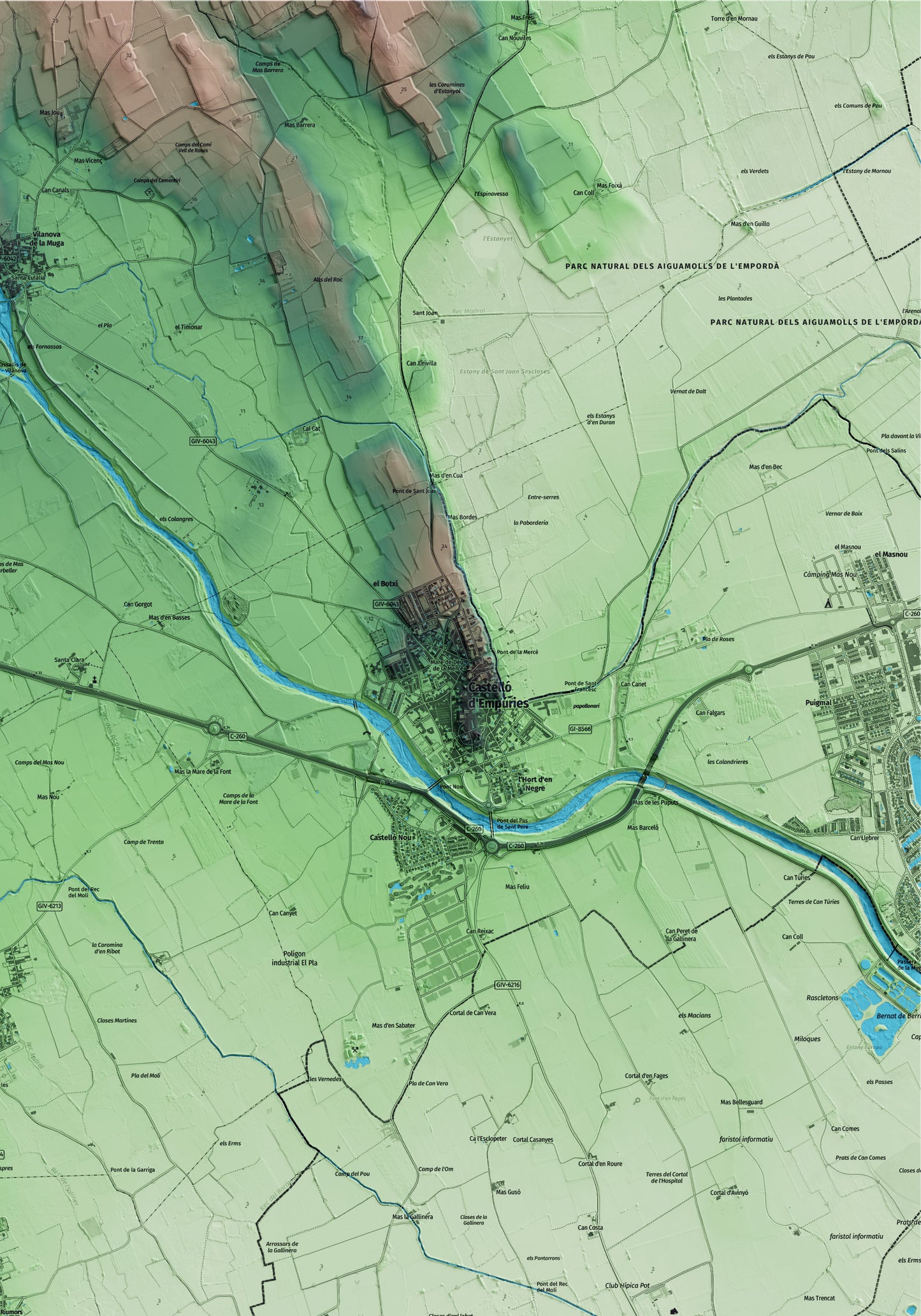 Mapa artístico del relieve de Riumors, al Alt Empordà, con 15 km de entorno y base topográfica ICGC. Detalle de la zona superior derecha.