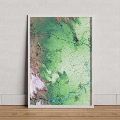 Mapa artístico del relieve de Riumors, al Alt Empordà, con 15 km de entorno y base topográfica ICGC. Presentación enmarcada.