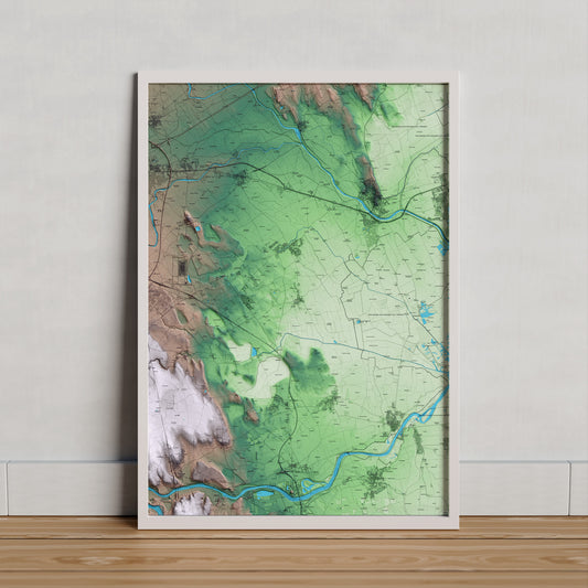 Mapa artístico del relieve de Riumors, al Alt Empordà, con 15 km de entorno y base topográfica ICGC. Presentación enmarcada.