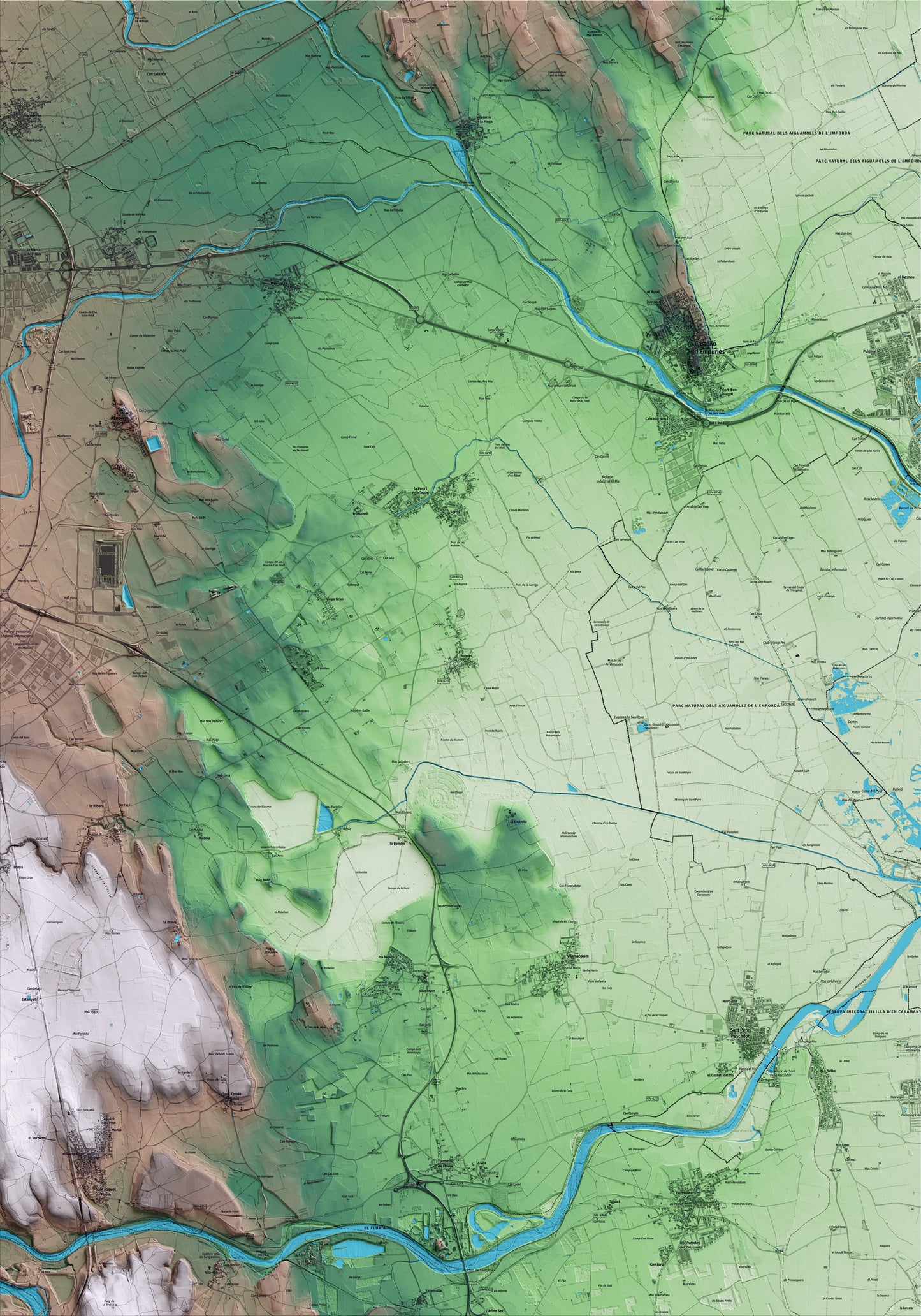 Mapa artístico del relieve de Riumors, al Alt Empordà, con 15 km de entorno y base topográfica ICGC