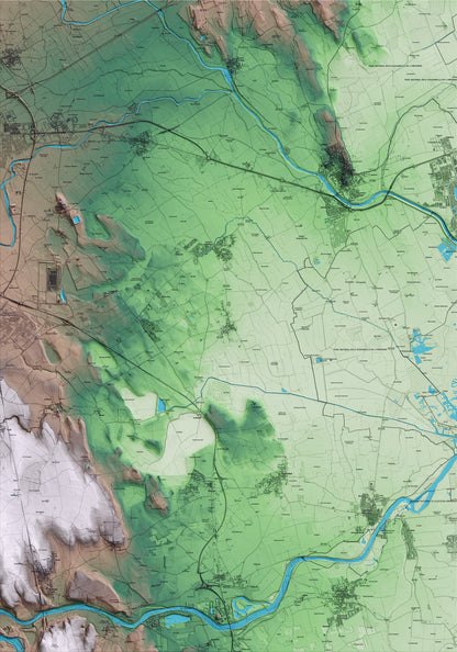 Mapa artístico del relieve de Riumors, al Alt Empordà, con 15 km de entorno y base topográfica ICGC