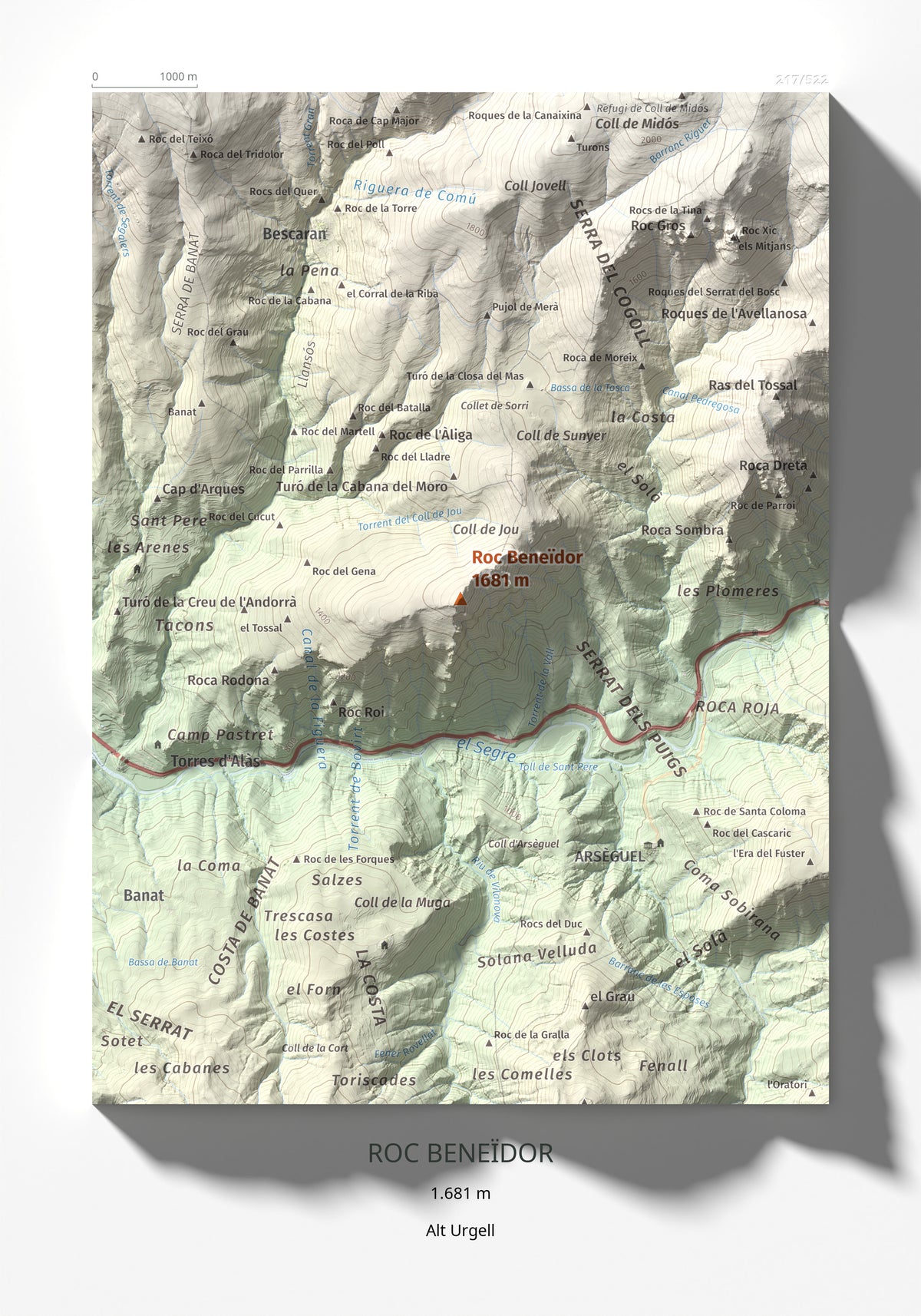 Mapa de relieve de Roc Beneïdor, 1681 m, Alt Urgell, lámina 100 Cims de Trobart 21 × 30 cm.
