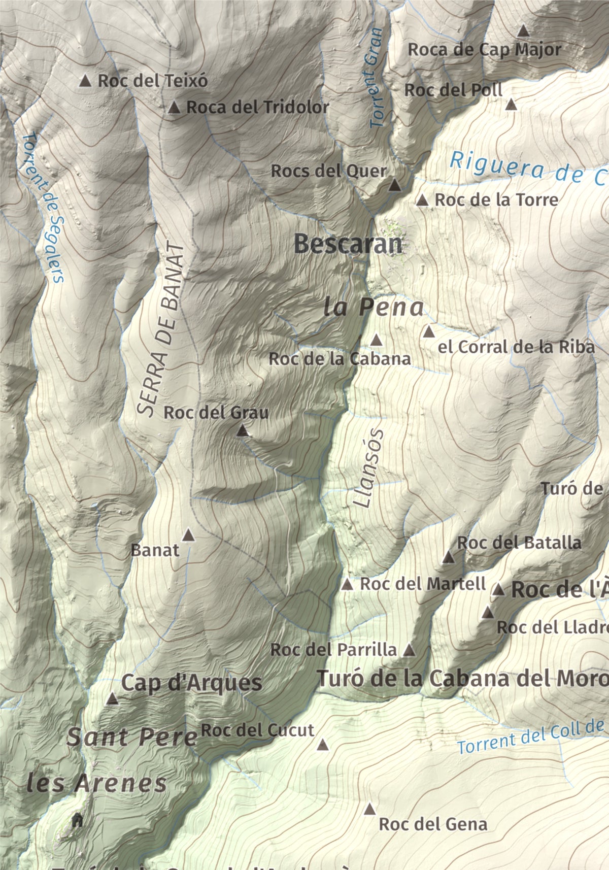 Mapa de relieve de Roc Beneïdor, 1681 m, Alt Urgell, lámina 100 Cims de Trobart. Detalle de la zona superior izquierda. 21 × 30 cm.