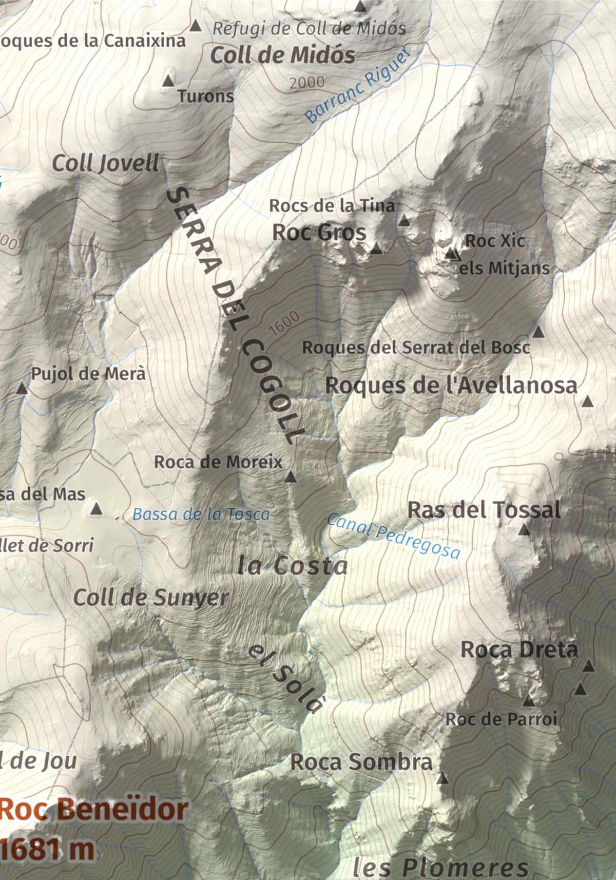 Mapa de relieve de Roc Beneïdor, 1681 m, Alt Urgell, lámina 100 Cims de Trobart. Detalle de la zona superior derecha. 21 × 30 cm.