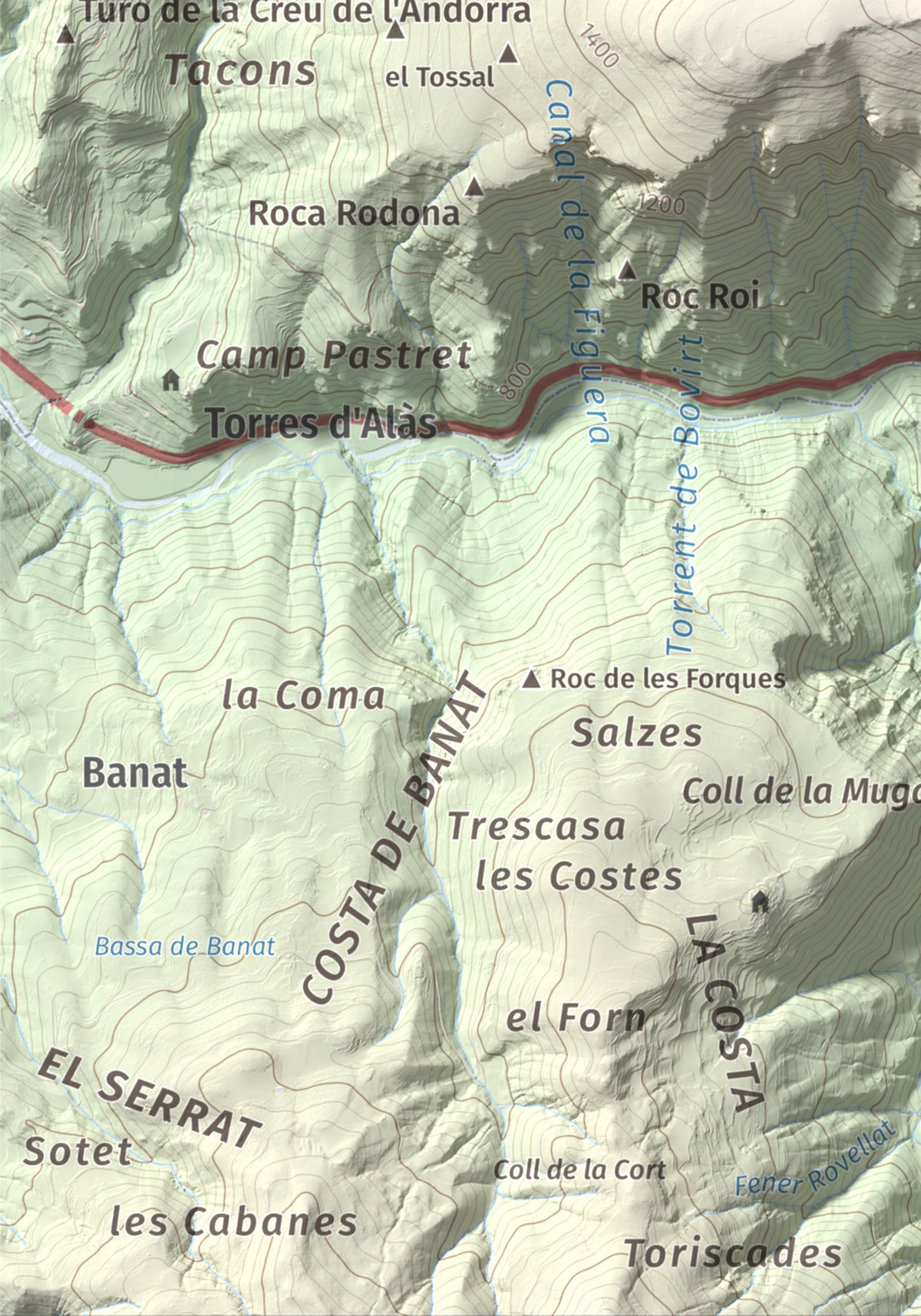 Mapa de relieve de Roc Beneïdor, 1681 m, Alt Urgell, lámina 100 Cims de Trobart. Detalle de la zona inferior izquierda. 21 × 30 cm.