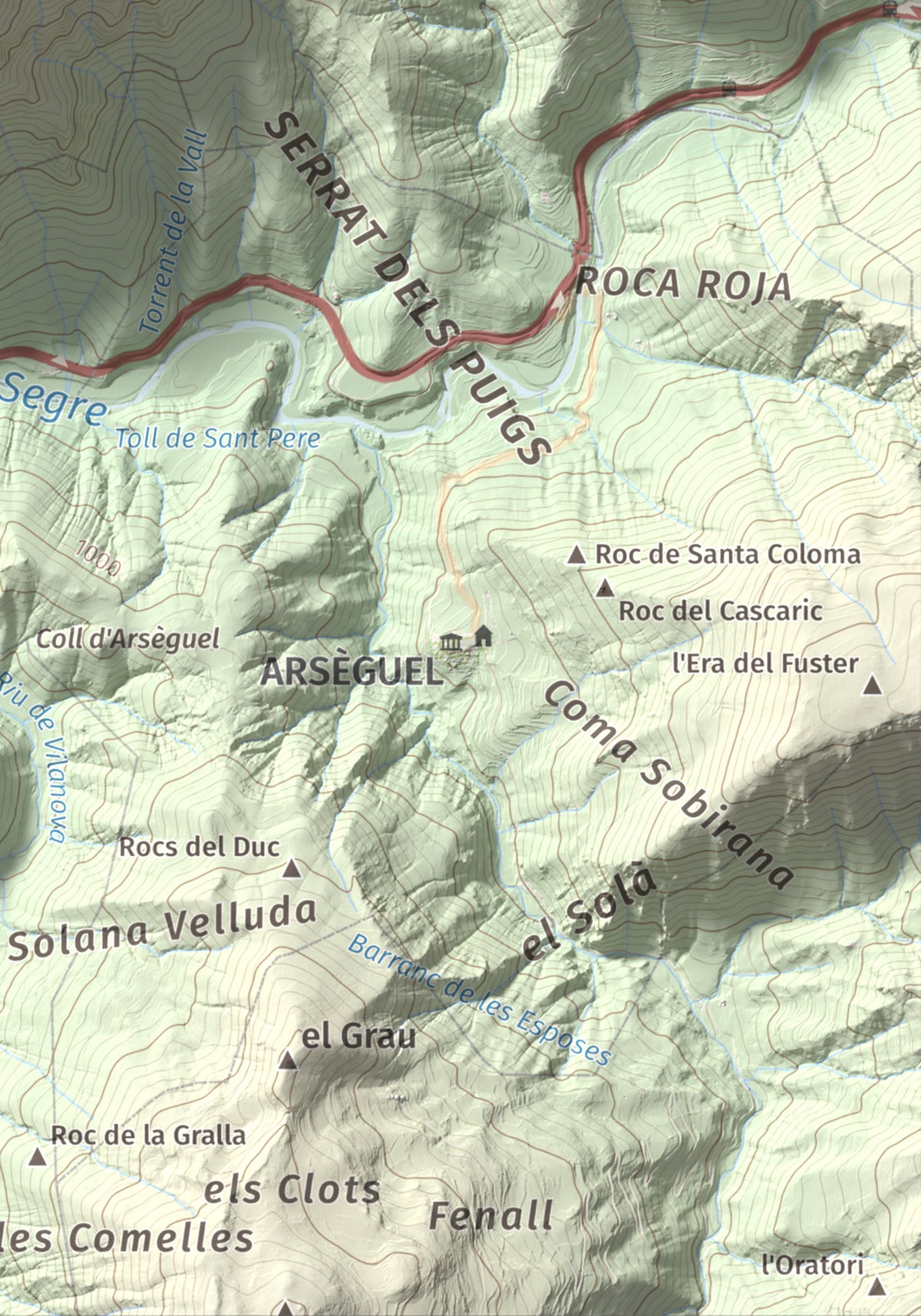 Mapa de relieve de Roc Beneïdor, 1681 m, Alt Urgell, lámina 100 Cims de Trobart. Detalle de la zona inferior derecha. 21 × 30 cm.